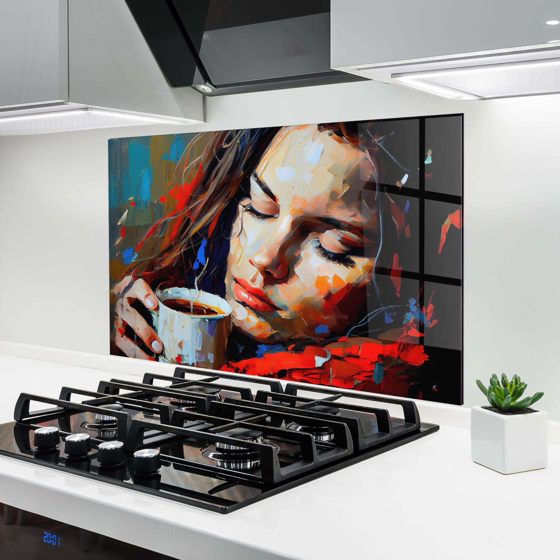 Konyhai üveg hátfal Abstract Woman Coffee mockup 6