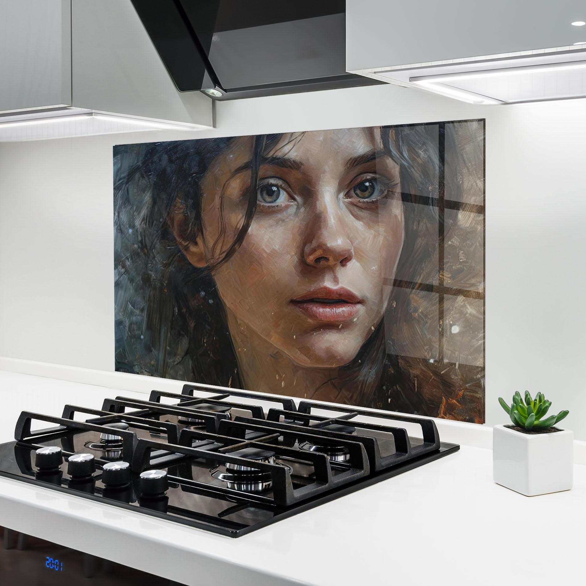 Konyhai üveg hátfal Closeup Darkhaired Woman mockup 6