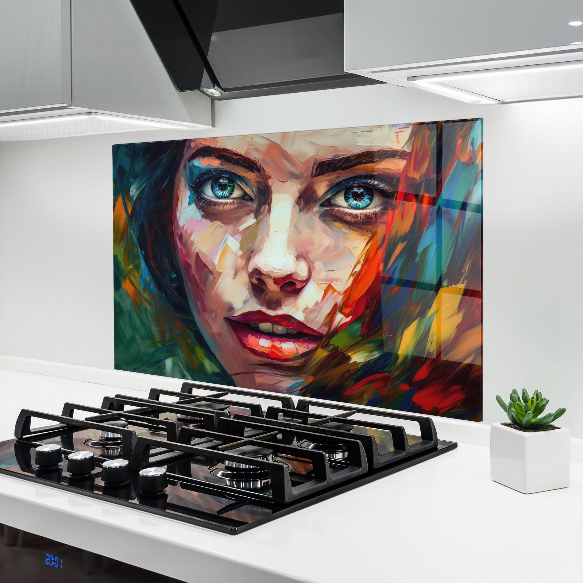 Konyhai üveg hátfal Intense Blue Eyes Woman mockup 6
