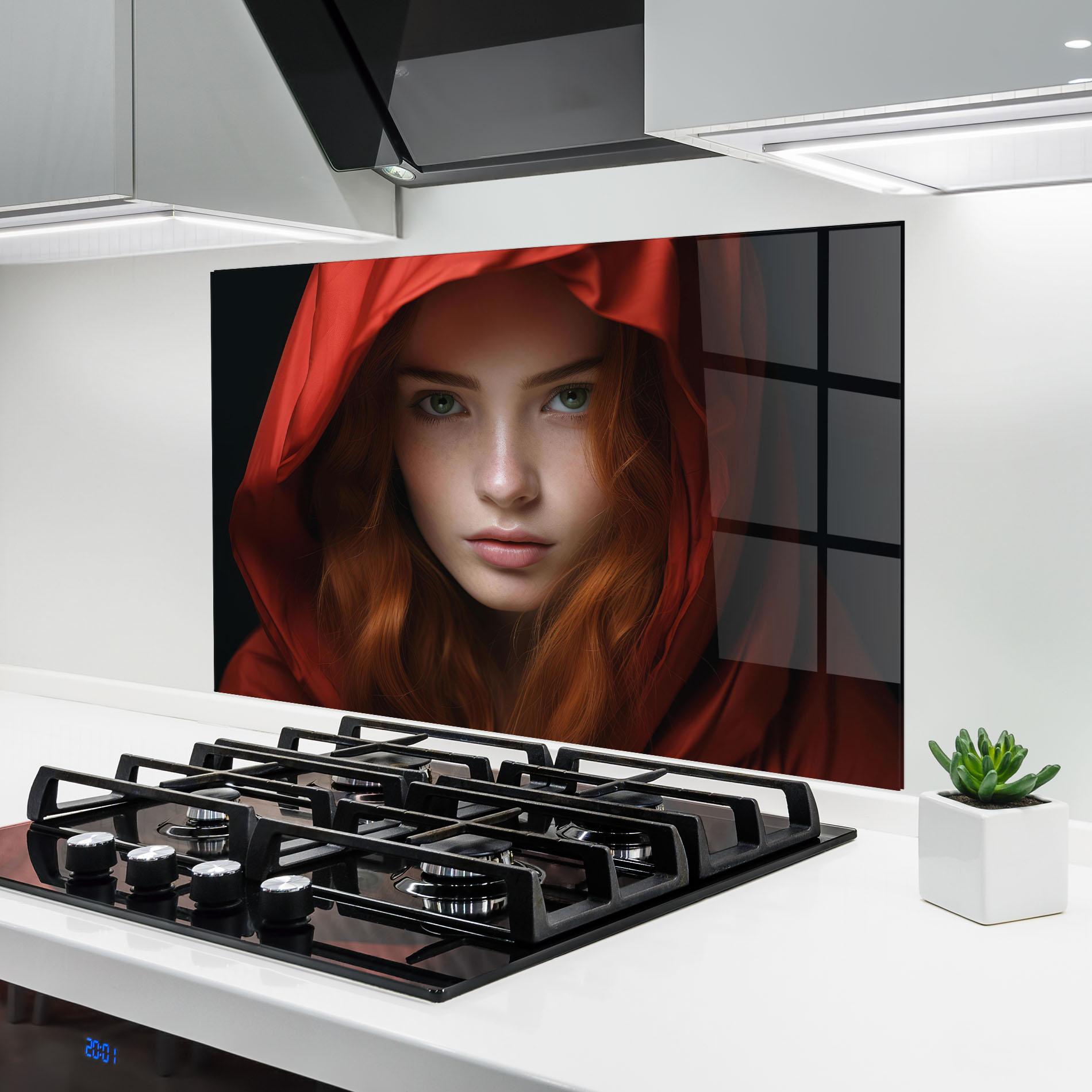 Konyhai üveg hátfal Red Hood Portrait mockup 6