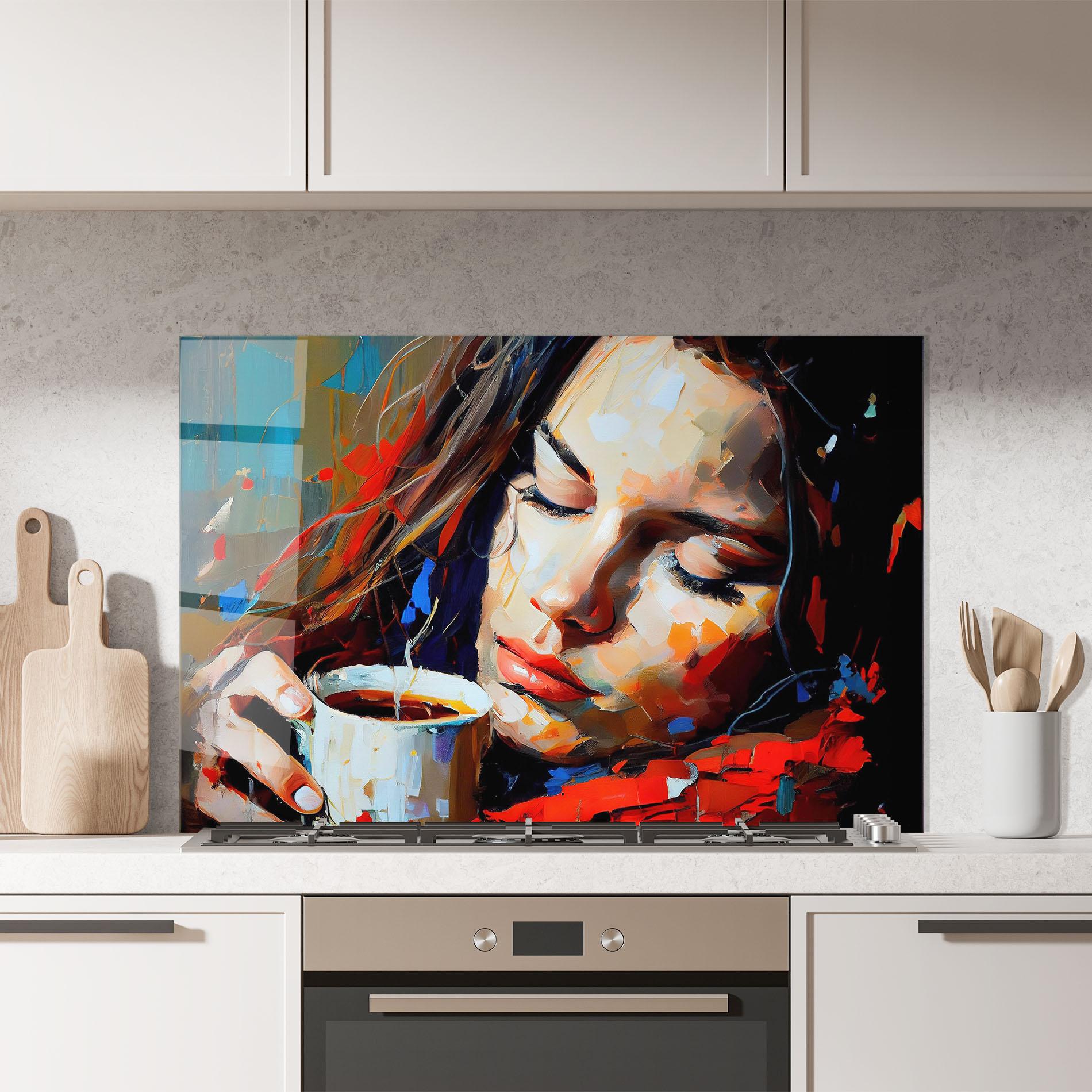 Konyhai üveg hátfal Abstract Woman Coffee mockup 7