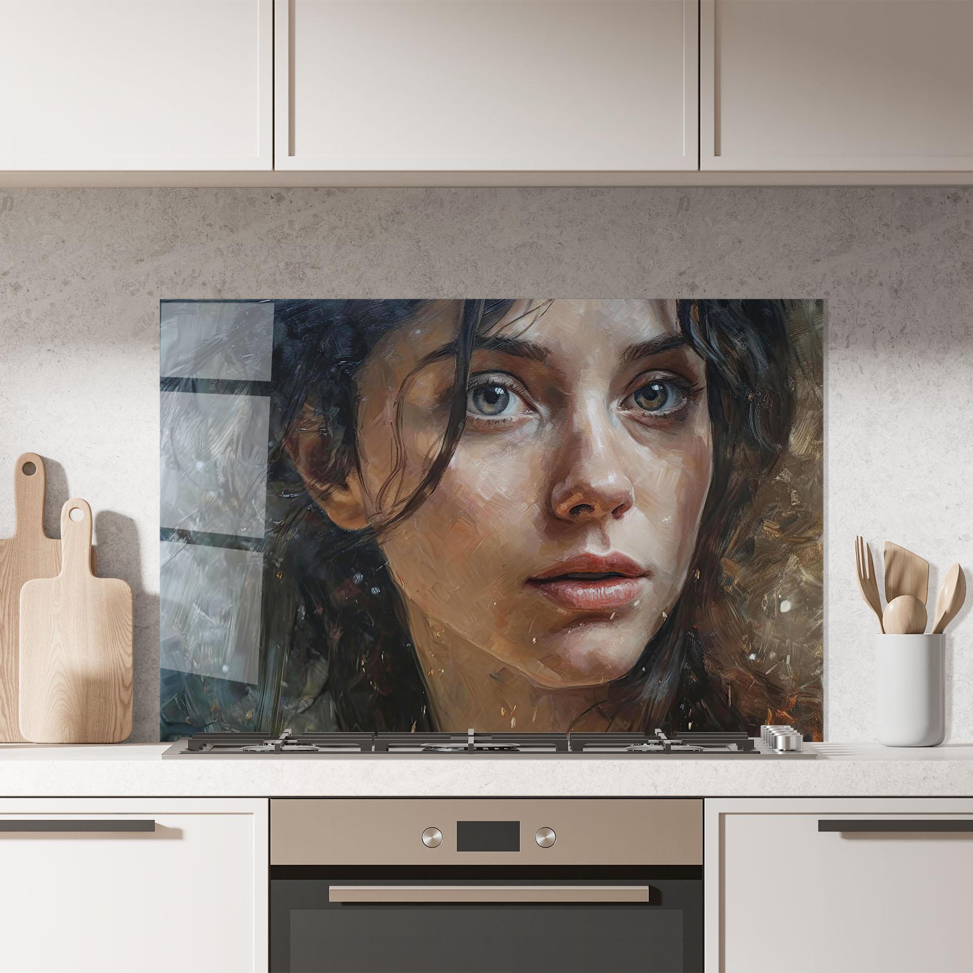 Konyhai üveg hátfal Closeup Darkhaired Woman mockup 7