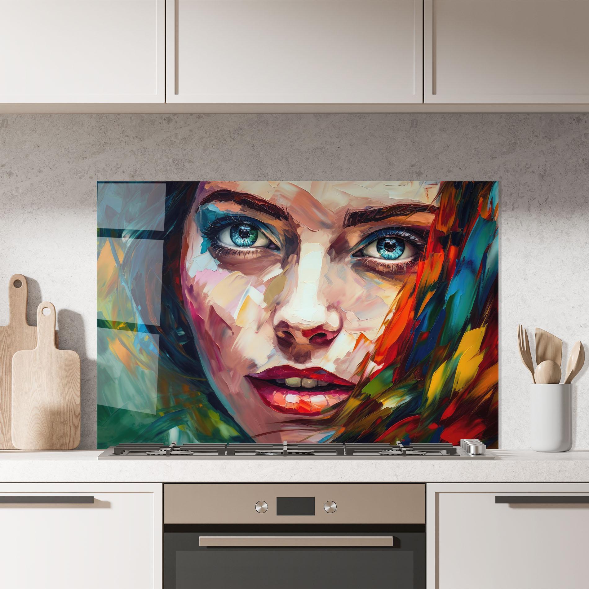 Konyhai üveg hátfal Intense Blue Eyes Woman mockup 7