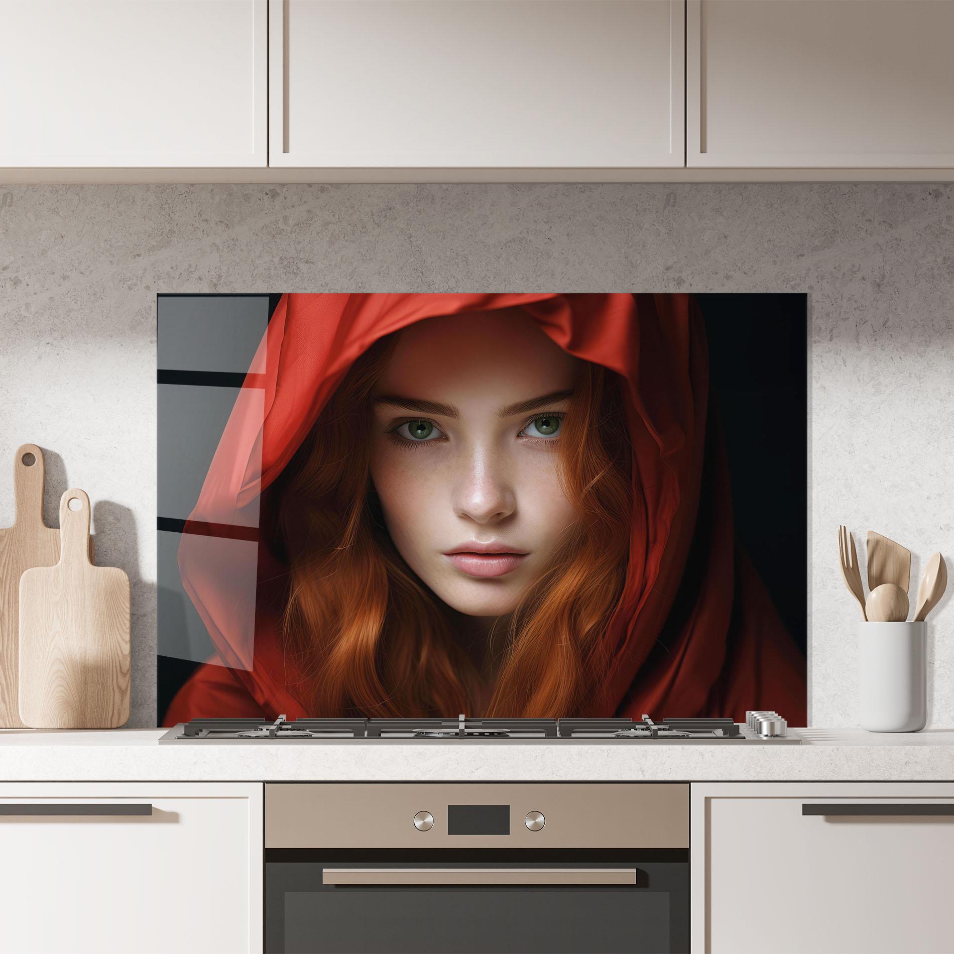 Konyhai üveg hátfal Red Hood Portrait mockup 7