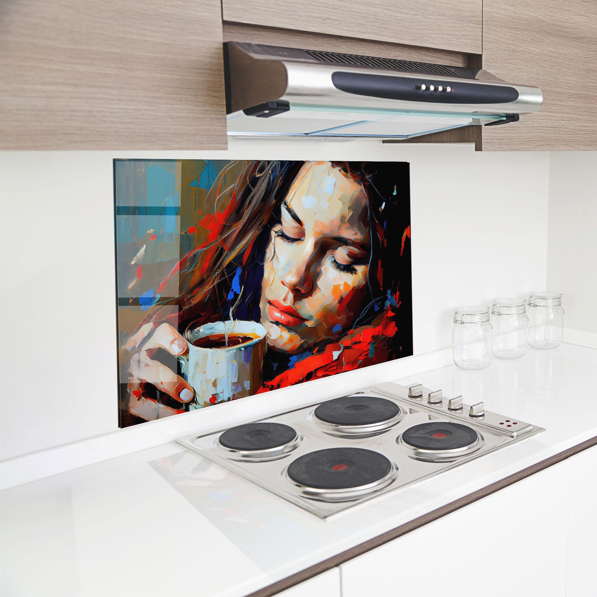 Konyhai üveg hátfal Abstract Woman Coffee mockup 8