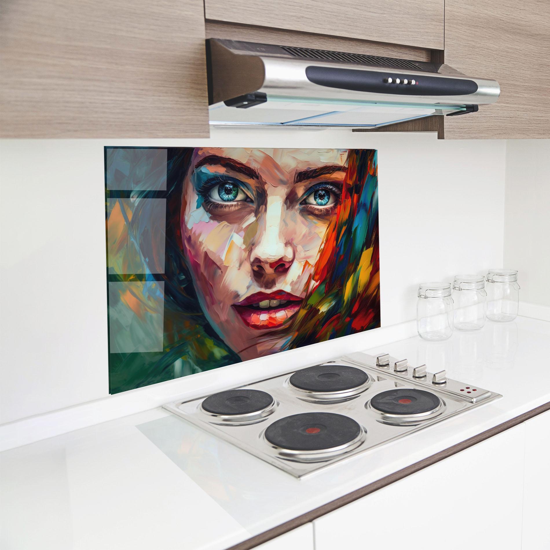 Konyhai üveg hátfal Intense Blue Eyes Woman mockup 8