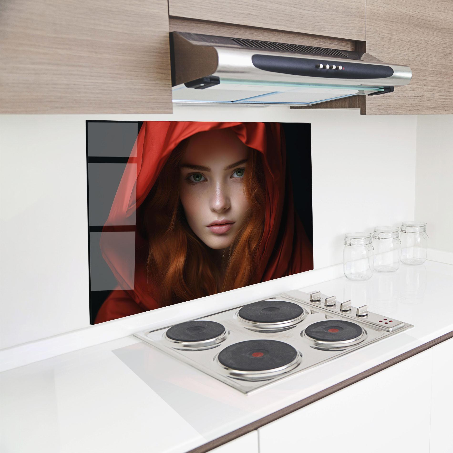 Konyhai üveg hátfal Red Hood Portrait mockup 8