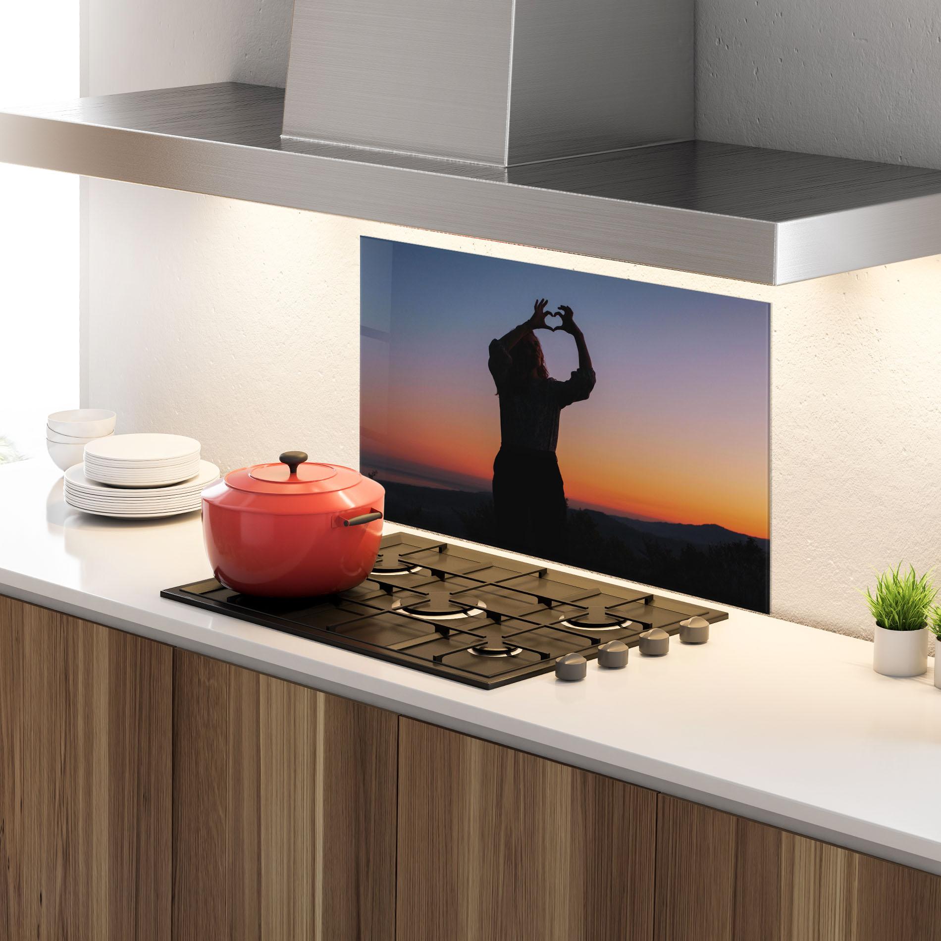 Konyhai üveg hátfal Sunset Heart Symbol mockup 4