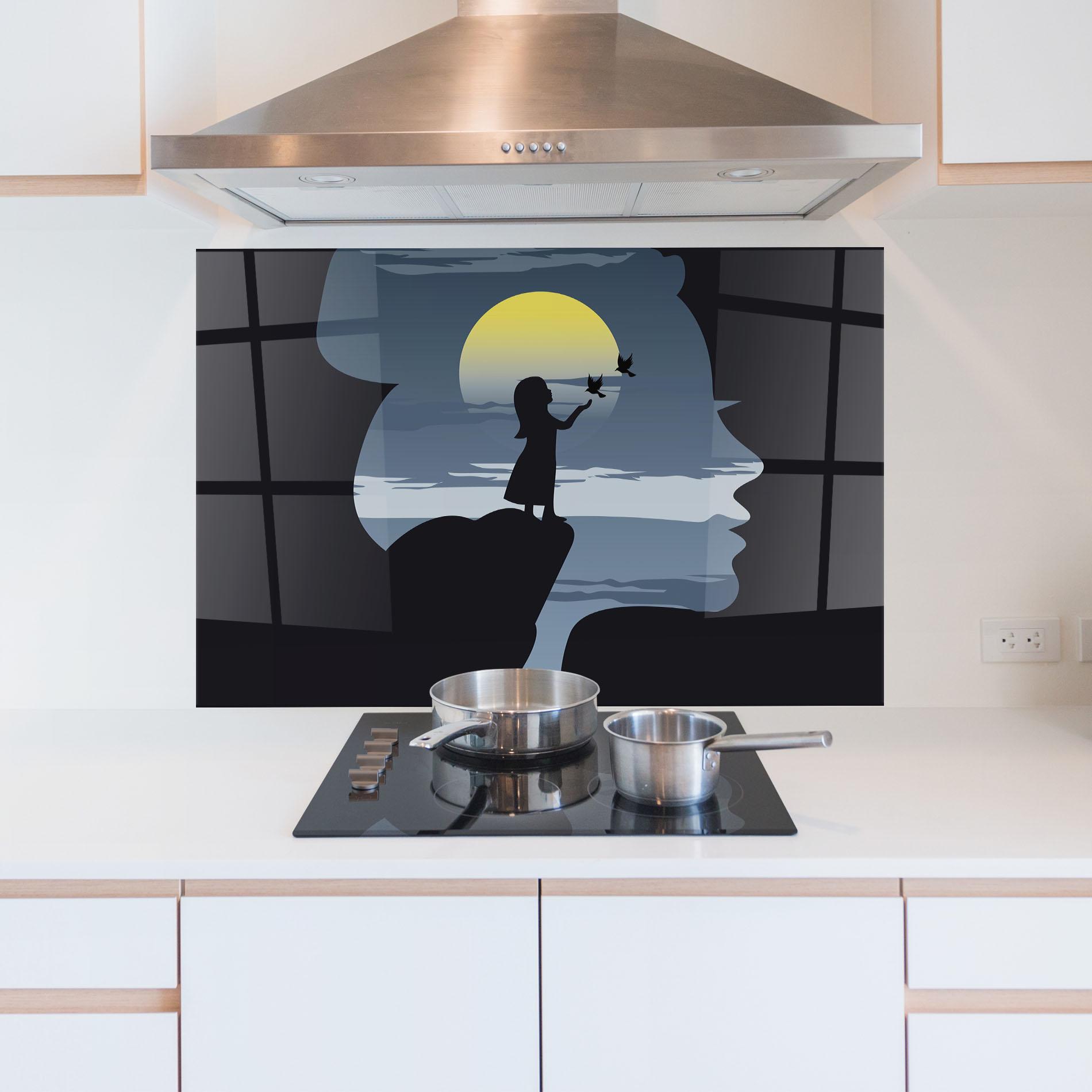 Konyhai üveg hátfal Little Girl Birds mockup 5