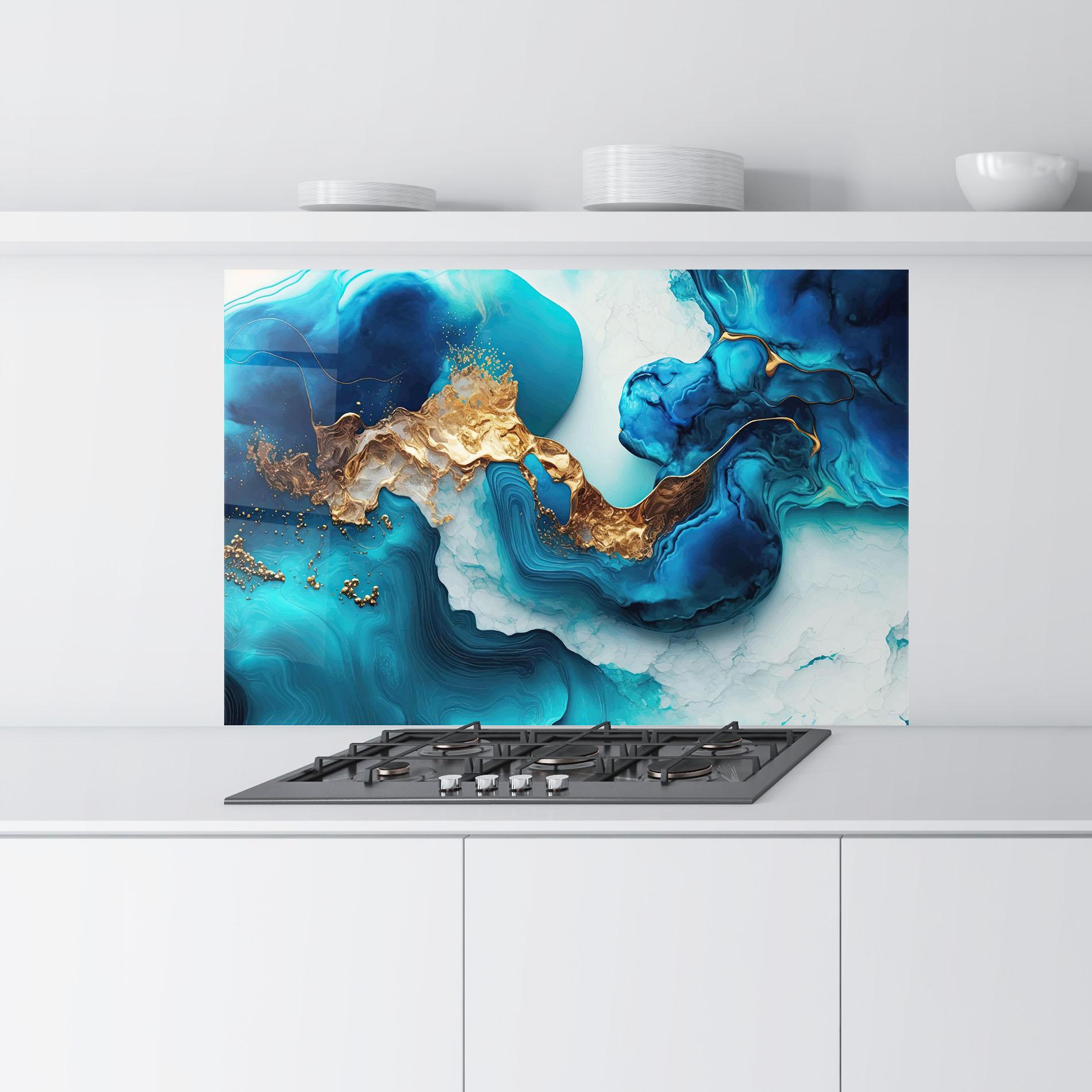 Konyhai üveg hátfal Gold Blue Art Wave mockup 9