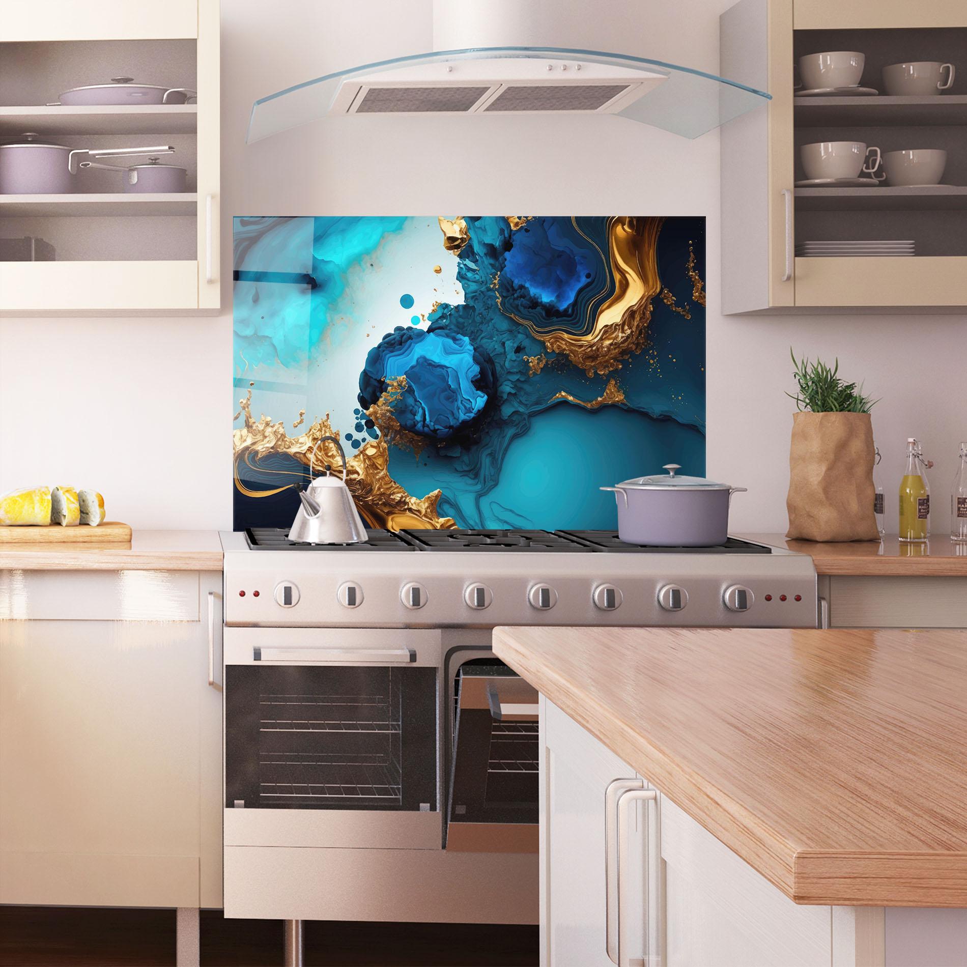 Konyhai üveg hátfal Blue Gold Wave mockup 1