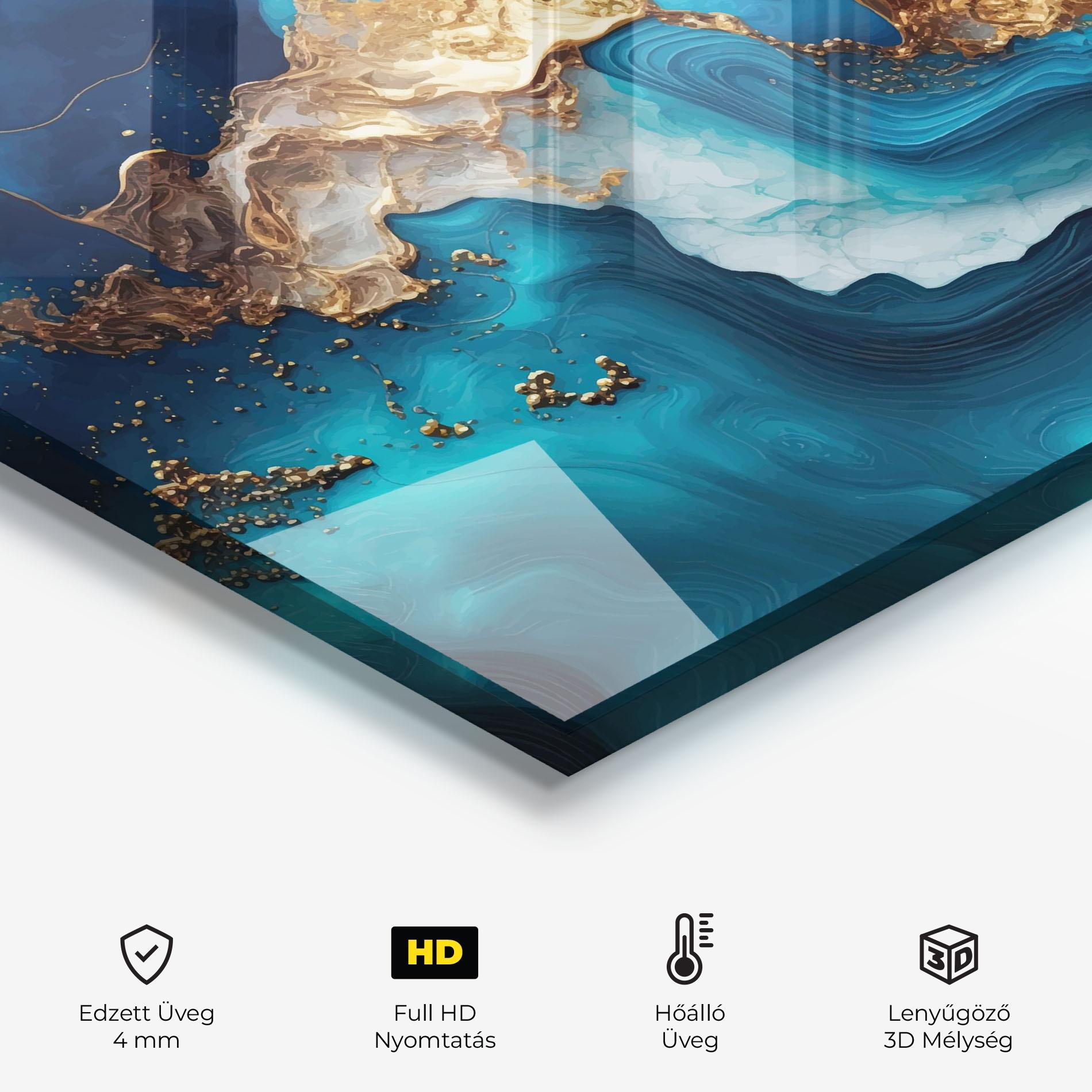 Konyhai üveg hátfal Gold Blue Art Wave mockup 2