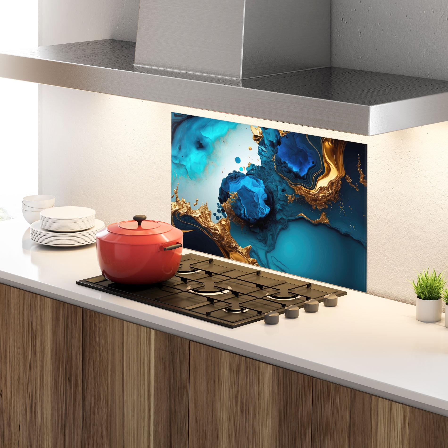 Konyhai üveg hátfal Blue Gold Wave mockup 4