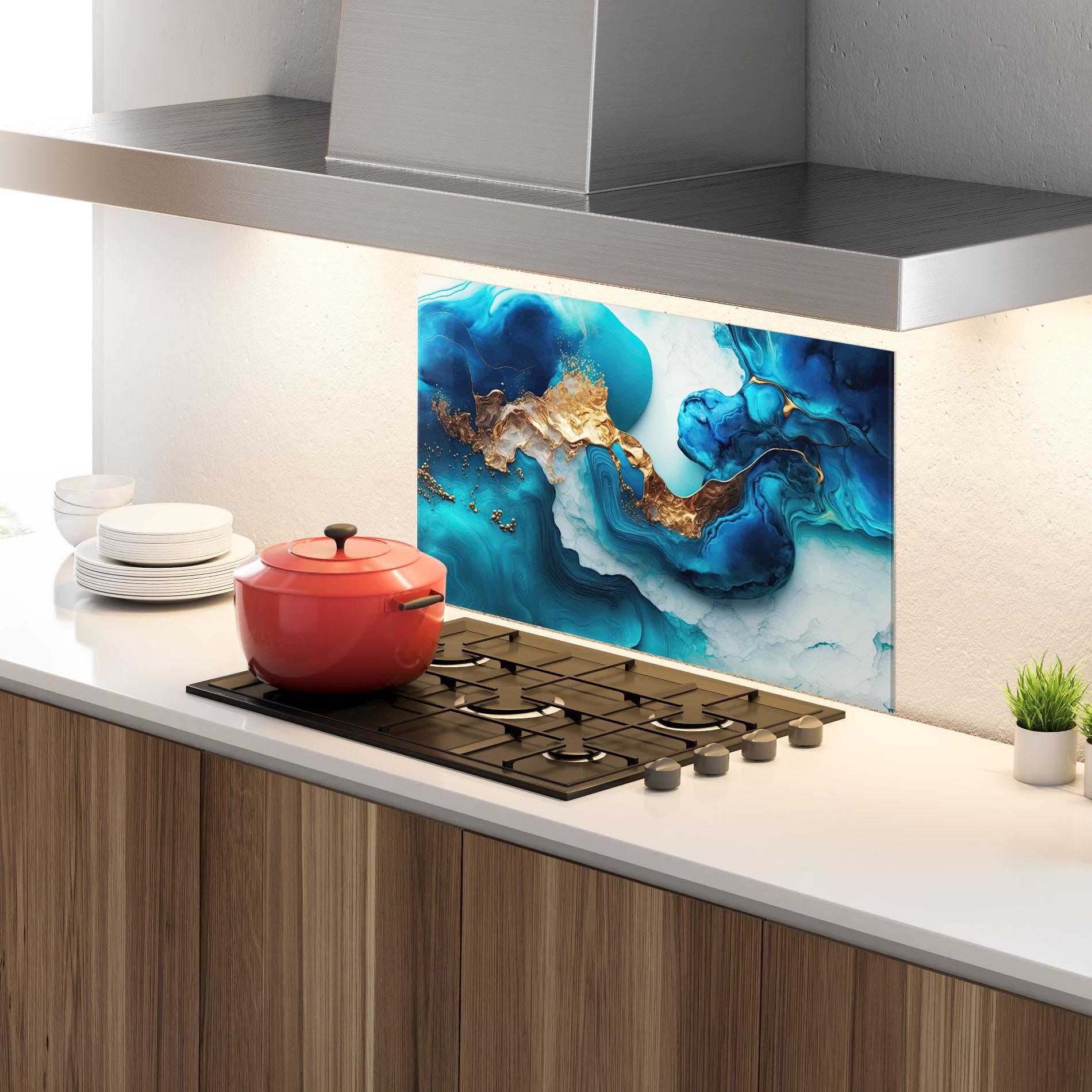 Konyhai üveg hátfal Gold Blue Art Wave mockup 4