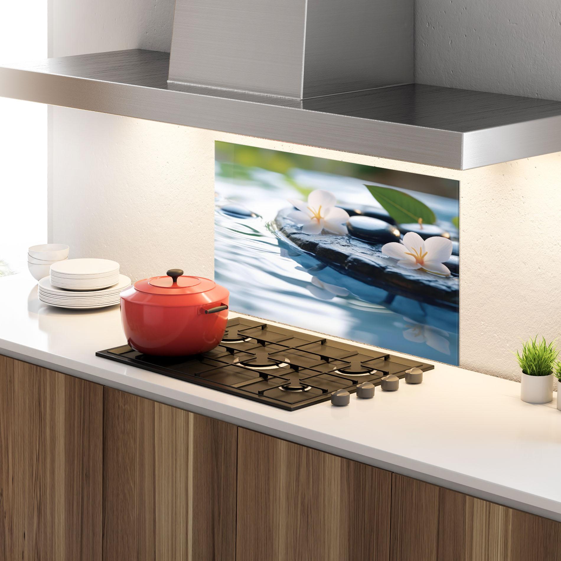Konyhai üveg hátfal Water White Flowers mockup 4