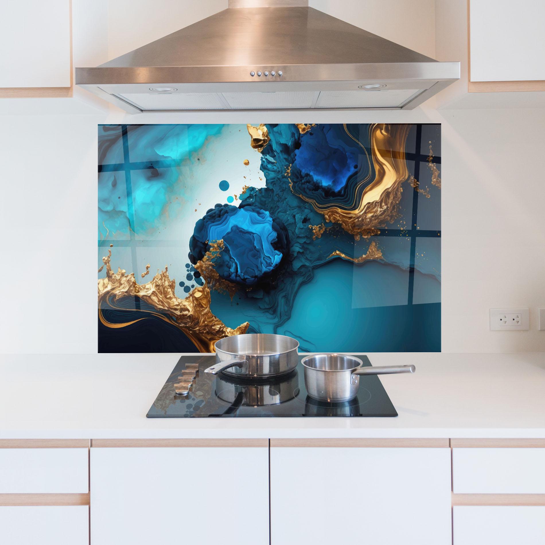 Konyhai üveg hátfal Blue Gold Wave mockup 5