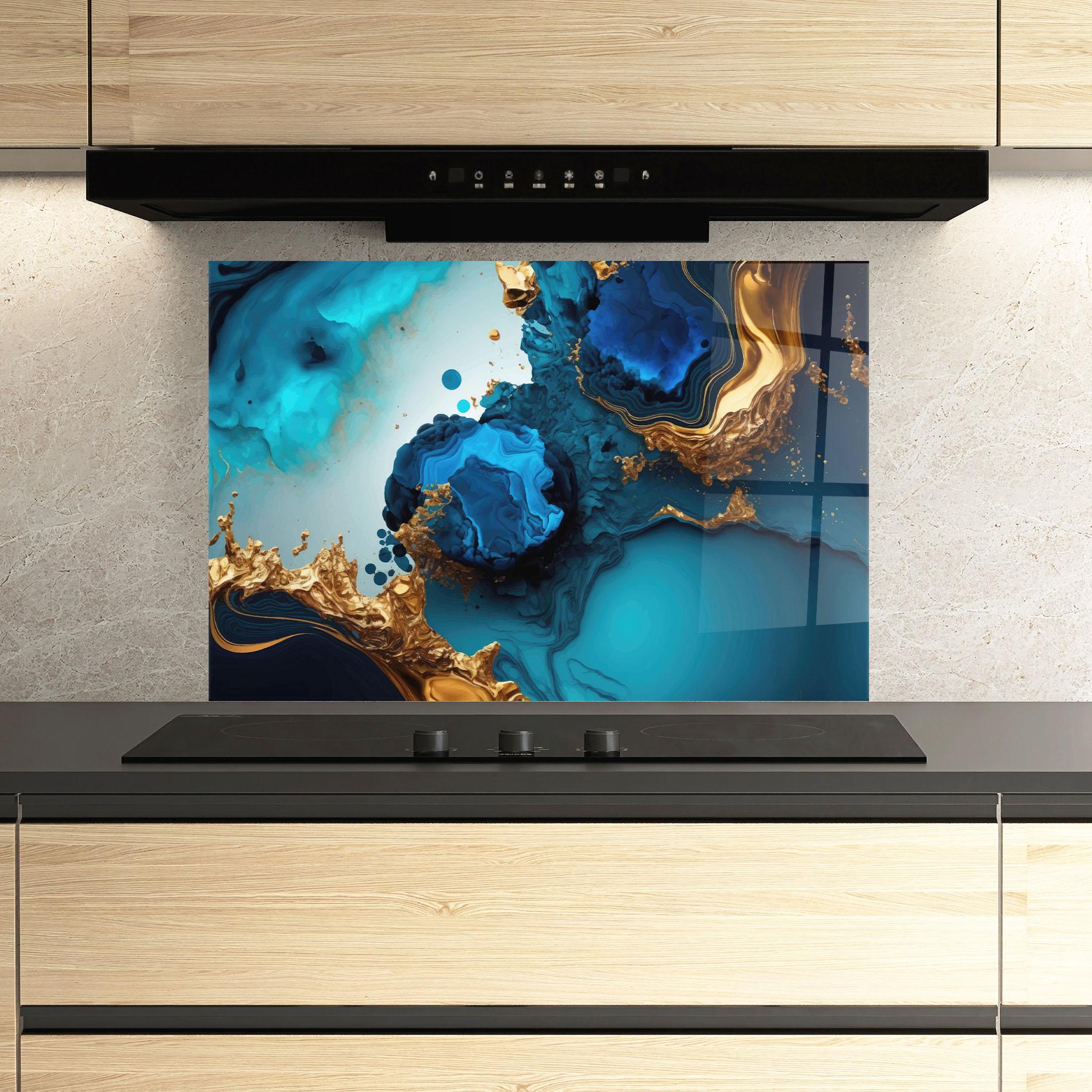 Konyhai üveg hátfal Blue Gold Wave mockup 3