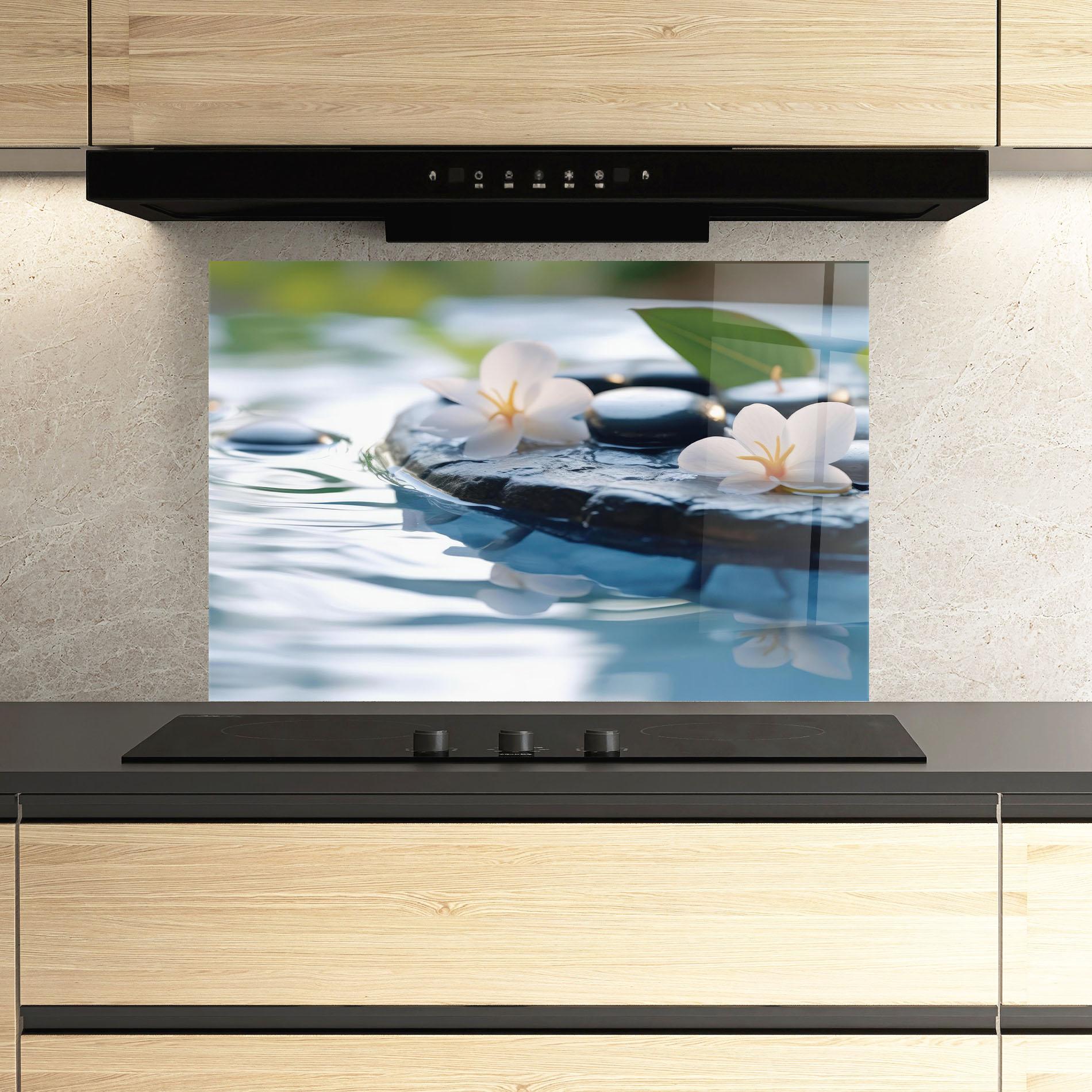 Konyhai üveg hátfal Water White Flowers mockup 3