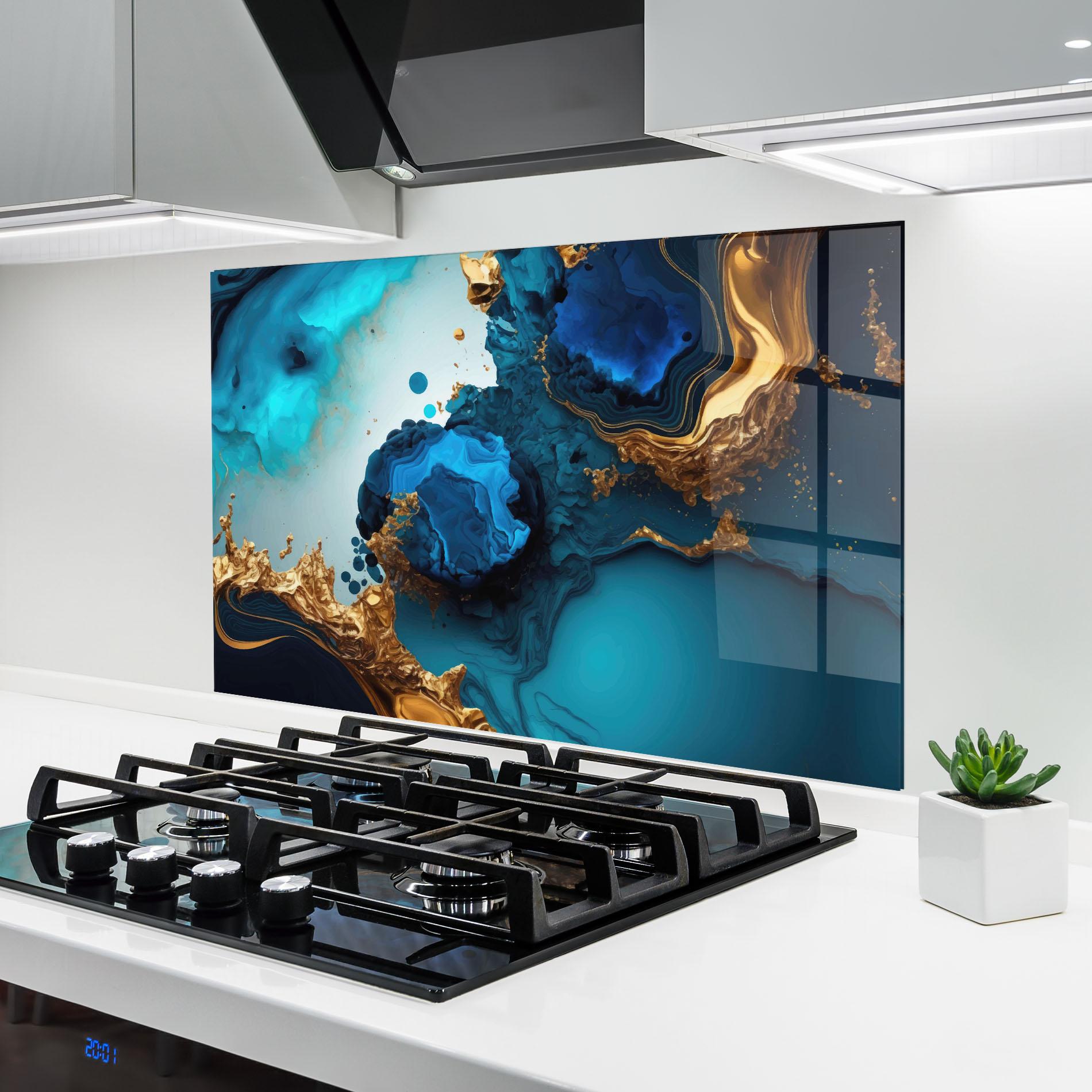 Konyhai üveg hátfal Blue Gold Wave mockup 6
