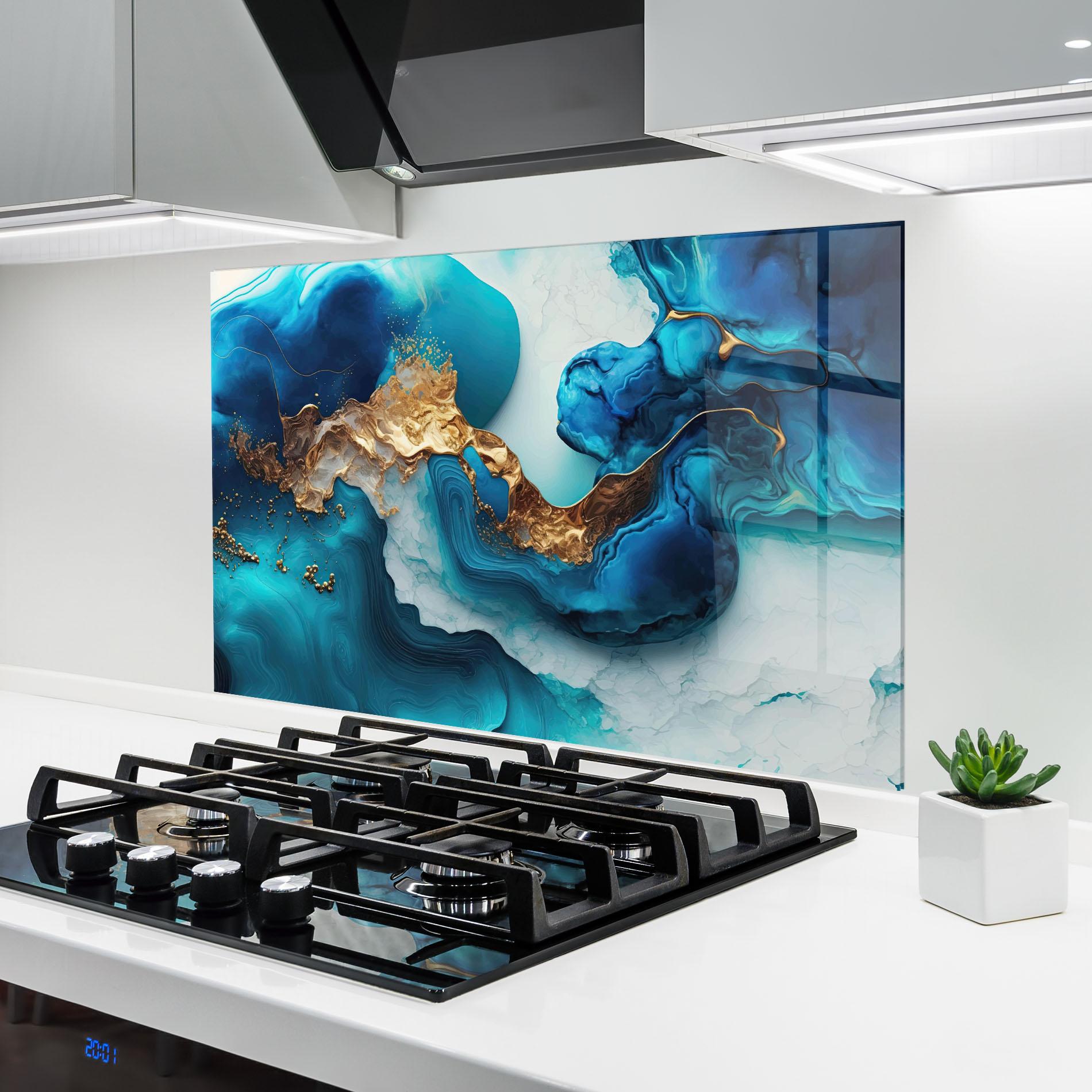 Konyhai üveg hátfal Gold Blue Art Wave mockup 6