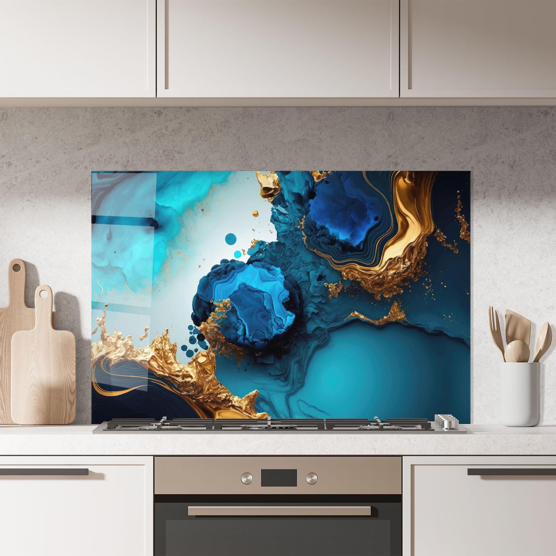 Konyhai üveg hátfal Blue Gold Wave mockup 7