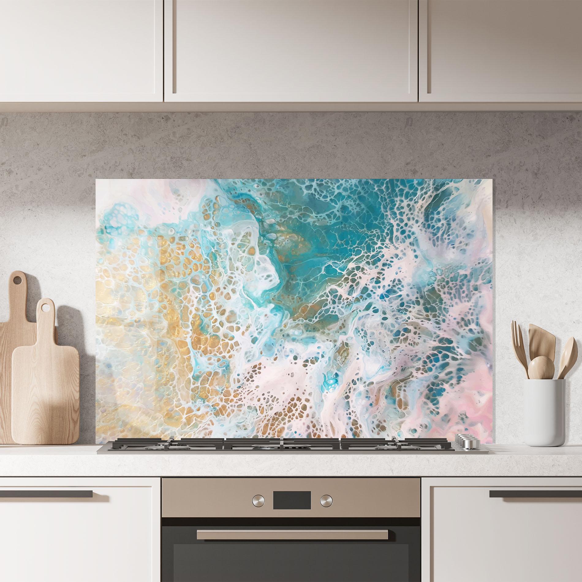 Konyhai üveg hátfal Ocean Gold Blue mockup 7
