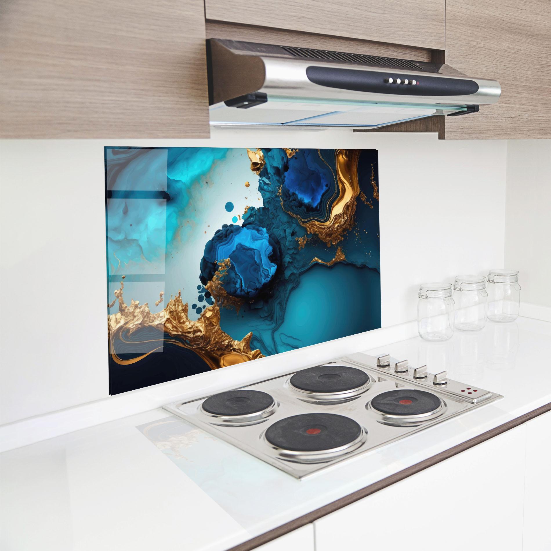 Konyhai üveg hátfal Blue Gold Wave mockup 8