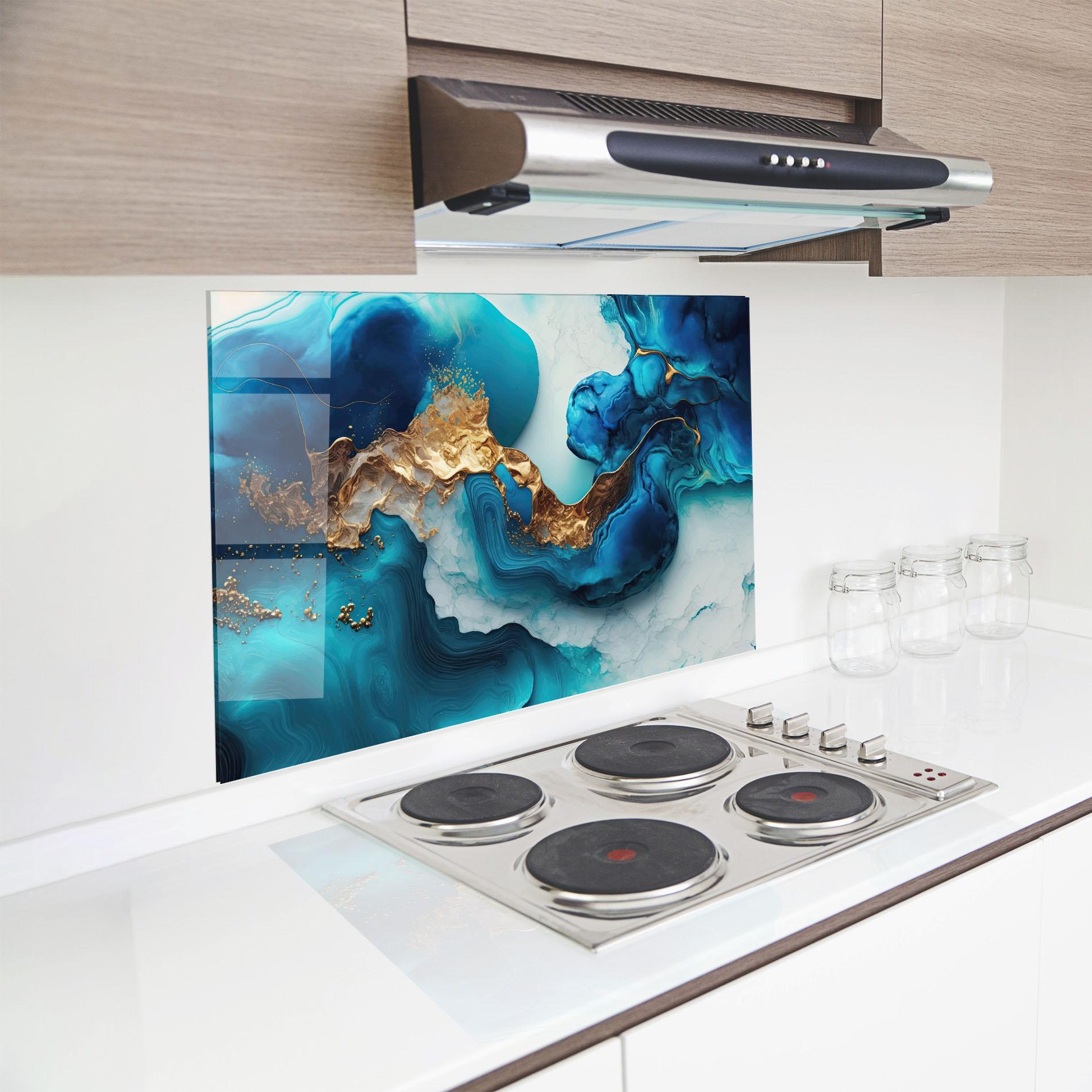 Konyhai üveg hátfal Gold Blue Art Wave mockup 8