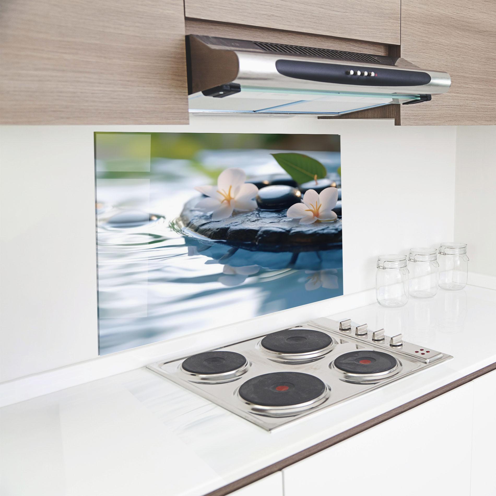 Konyhai üveg hátfal Water White Flowers mockup 8