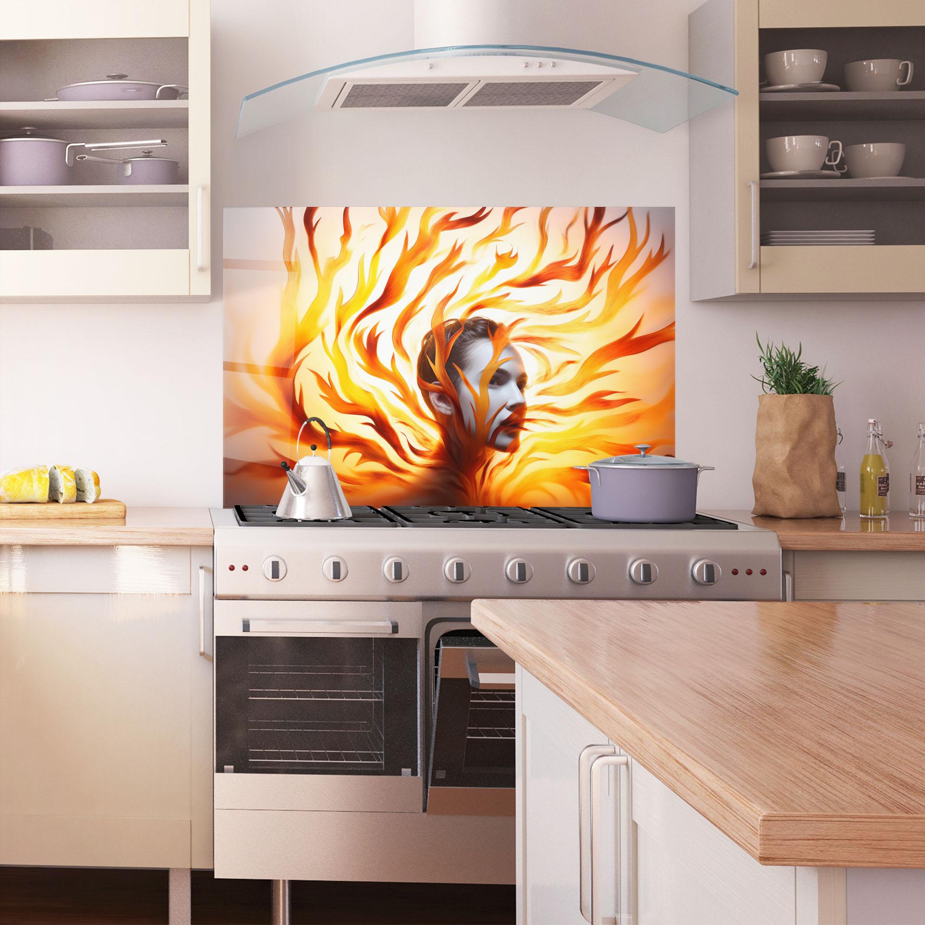 Konyhai üveg hátfal Fire Woman mockup 1