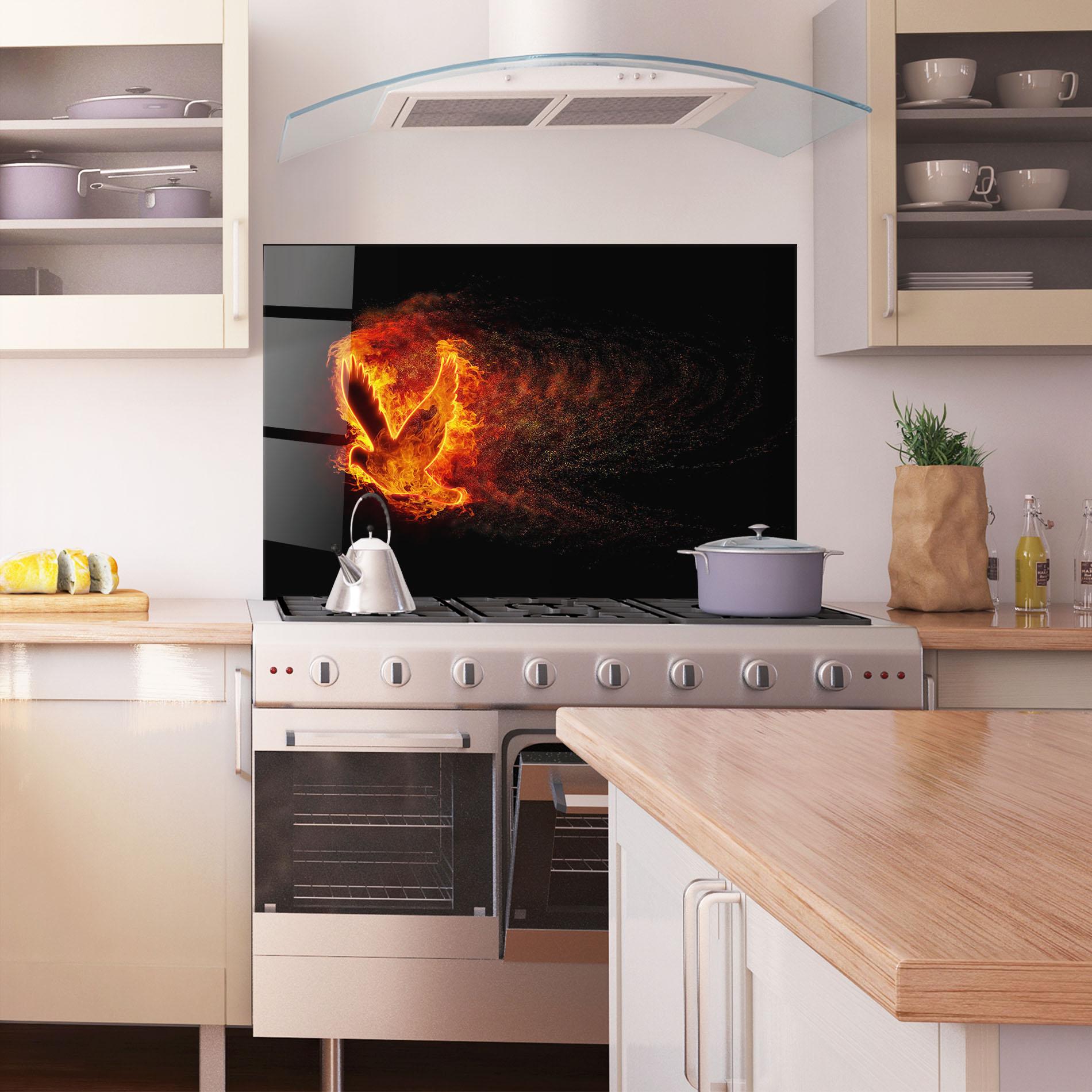 Konyhai üveg hátfal Flames Bird mockup 1
