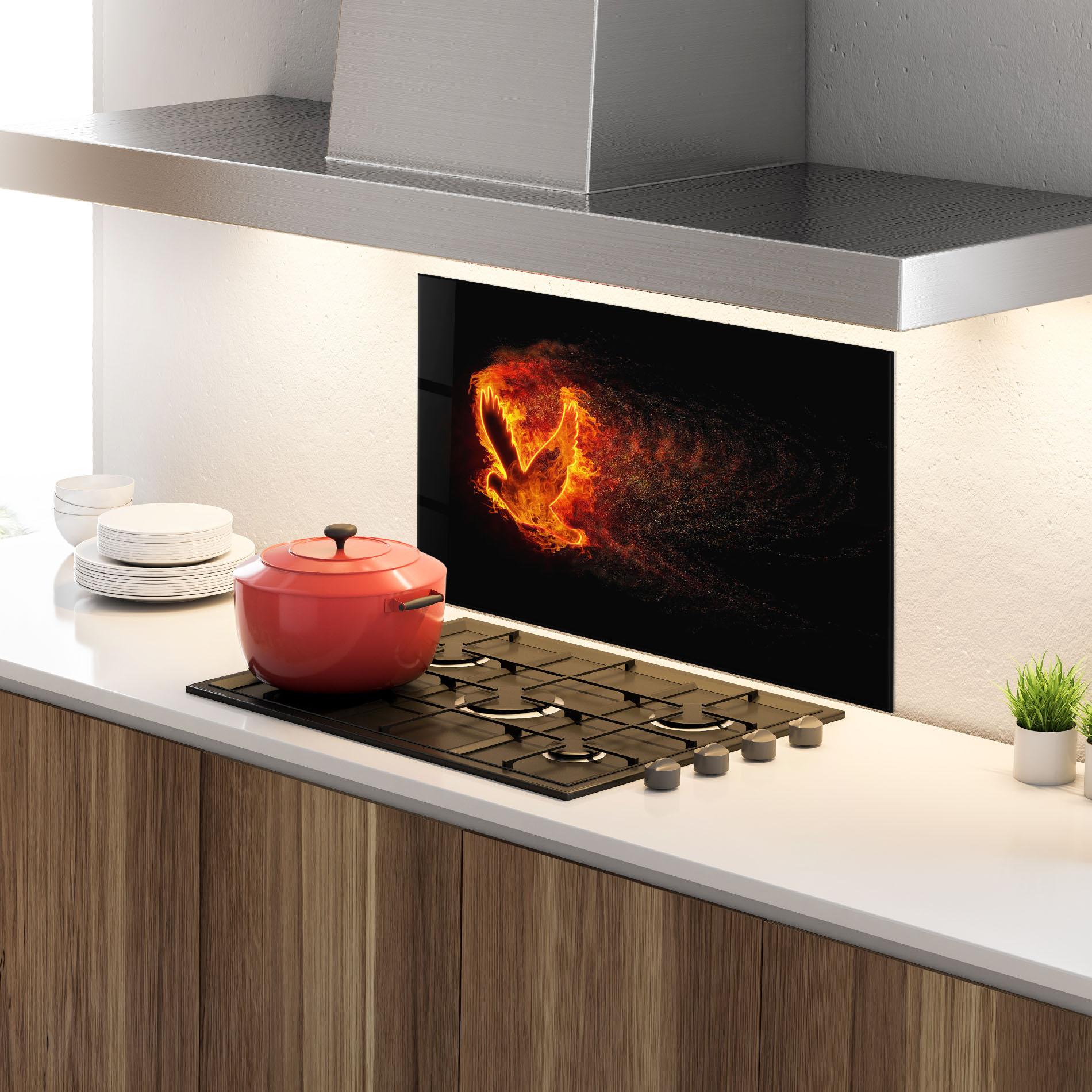 Konyhai üveg hátfal Flames Bird mockup 4