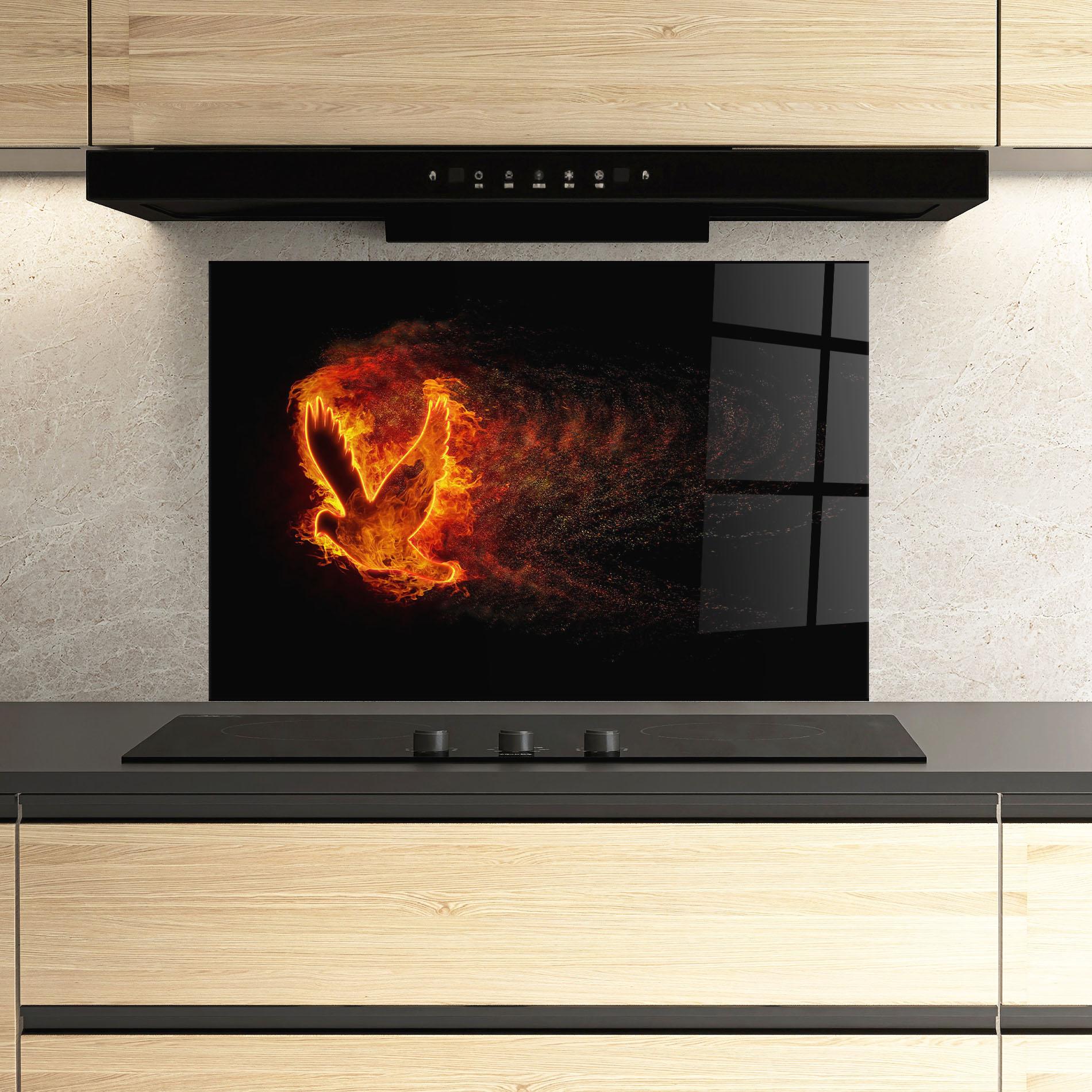 Konyhai üveg hátfal Flames Bird mockup 3