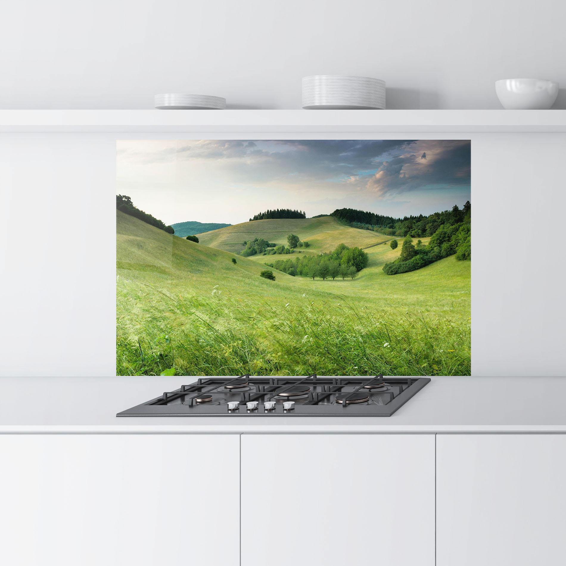 Konyhai üveg hátfal Green Field View mockup 9
