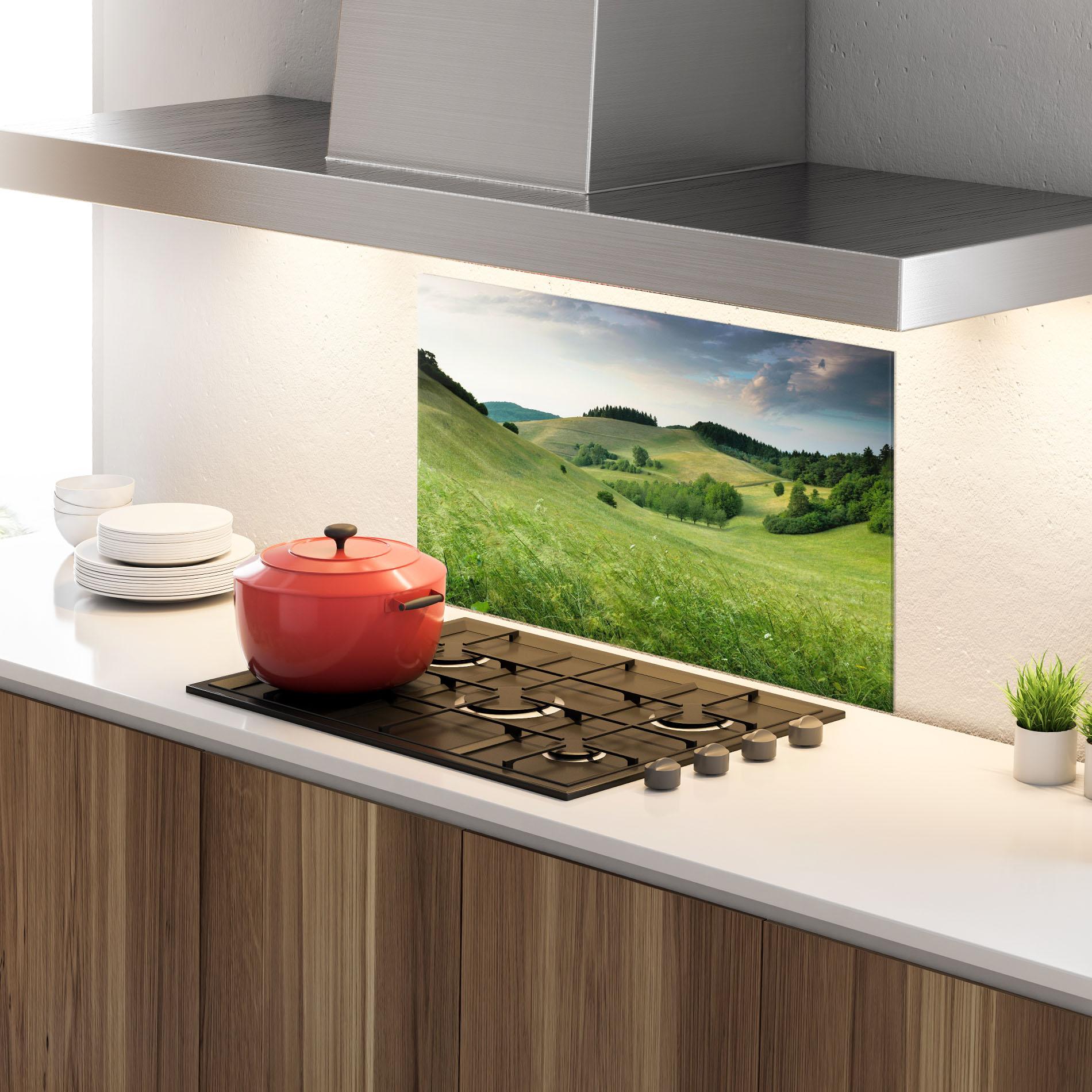 Konyhai üveg hátfal Green Field View mockup 4