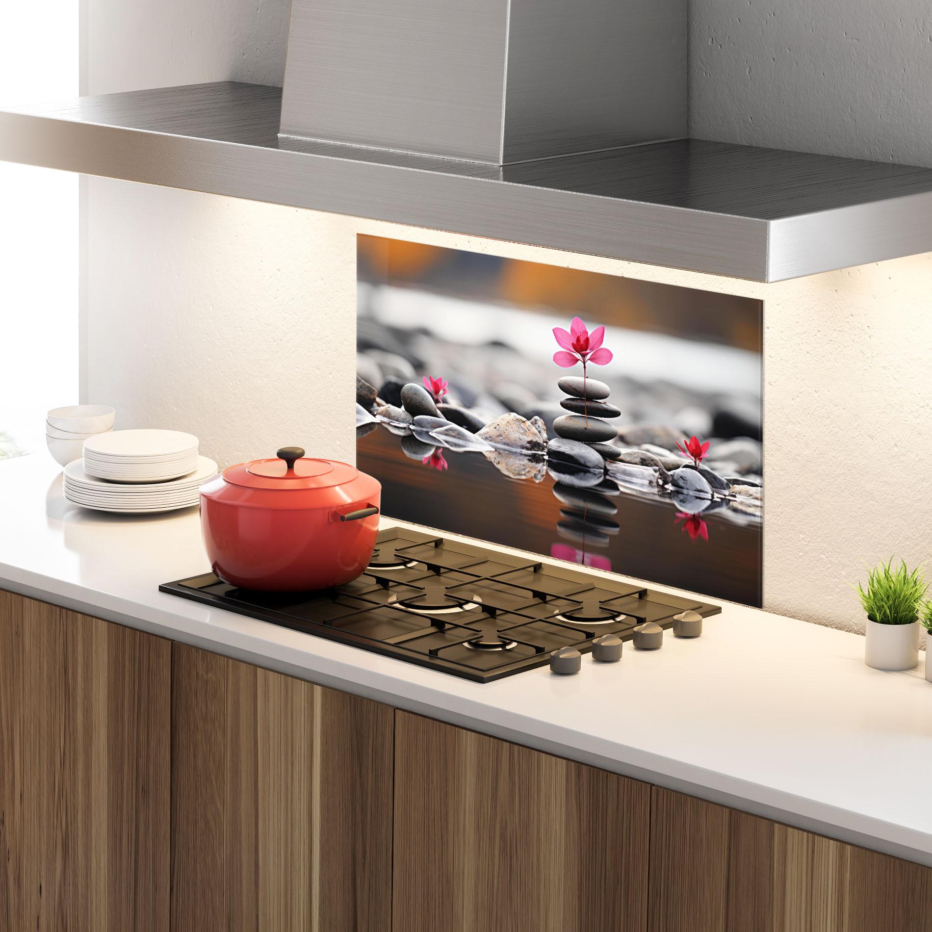 Konyhai üveg hátfal Grey Rocks Flower mockup 4