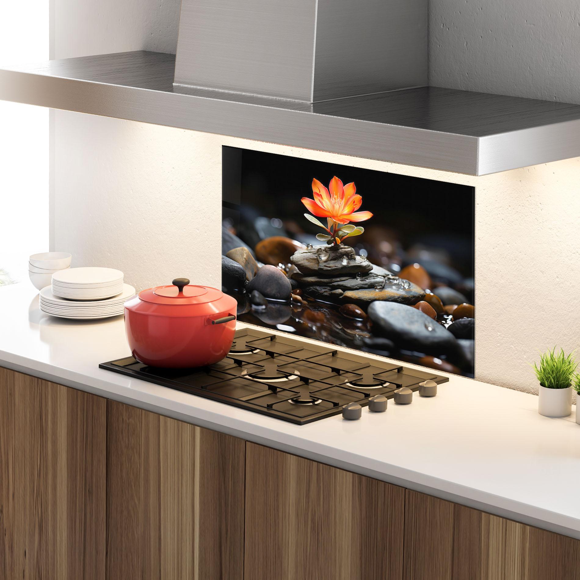 Konyhai üveg hátfal Orange Flower Stone mockup 4