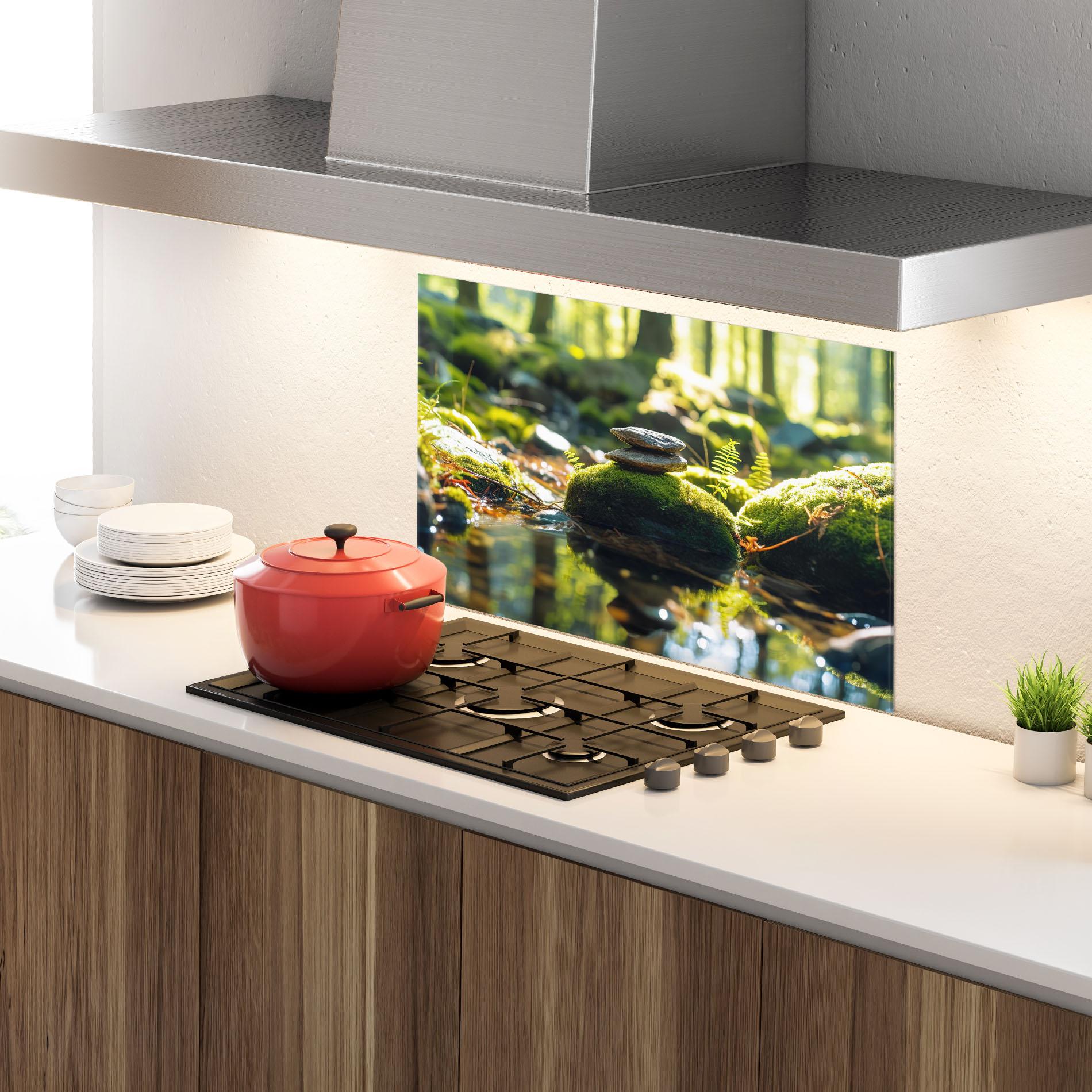 Konyhai üveg hátfal Sunlight Green Forest mockup 4