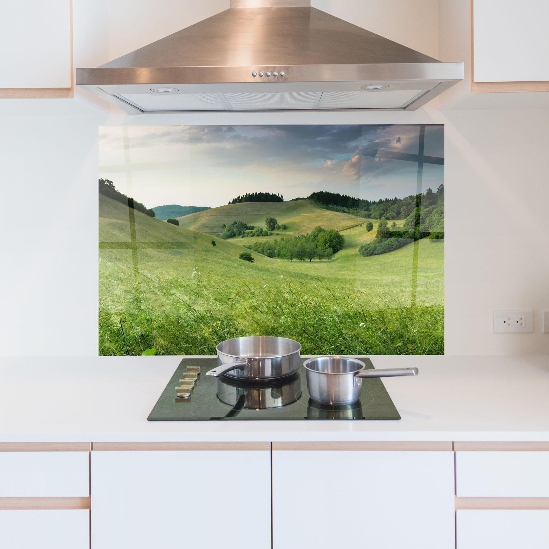 Konyhai üveg hátfal Green Field View mockup 5