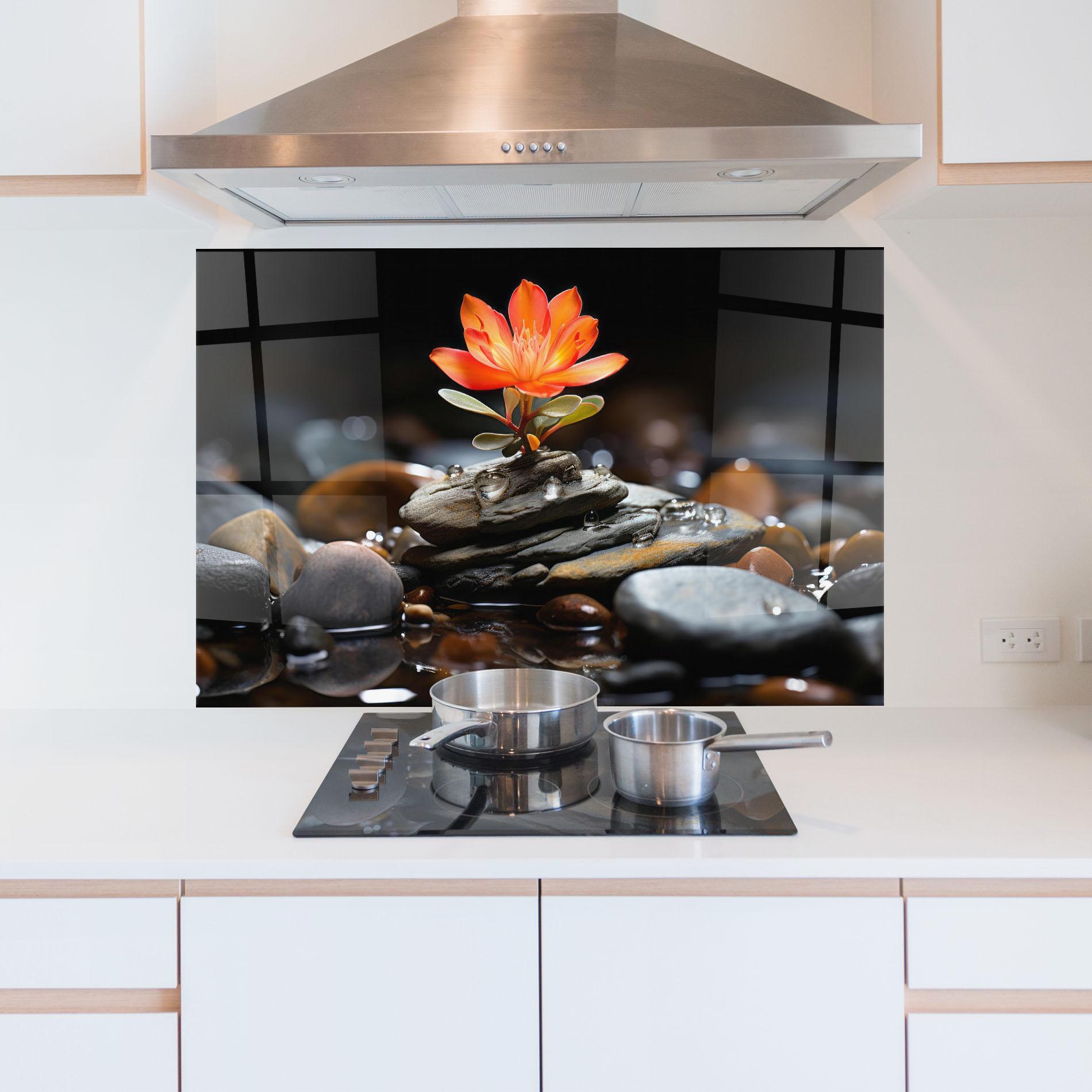 Konyhai üveg hátfal Orange Flower Stone mockup 5