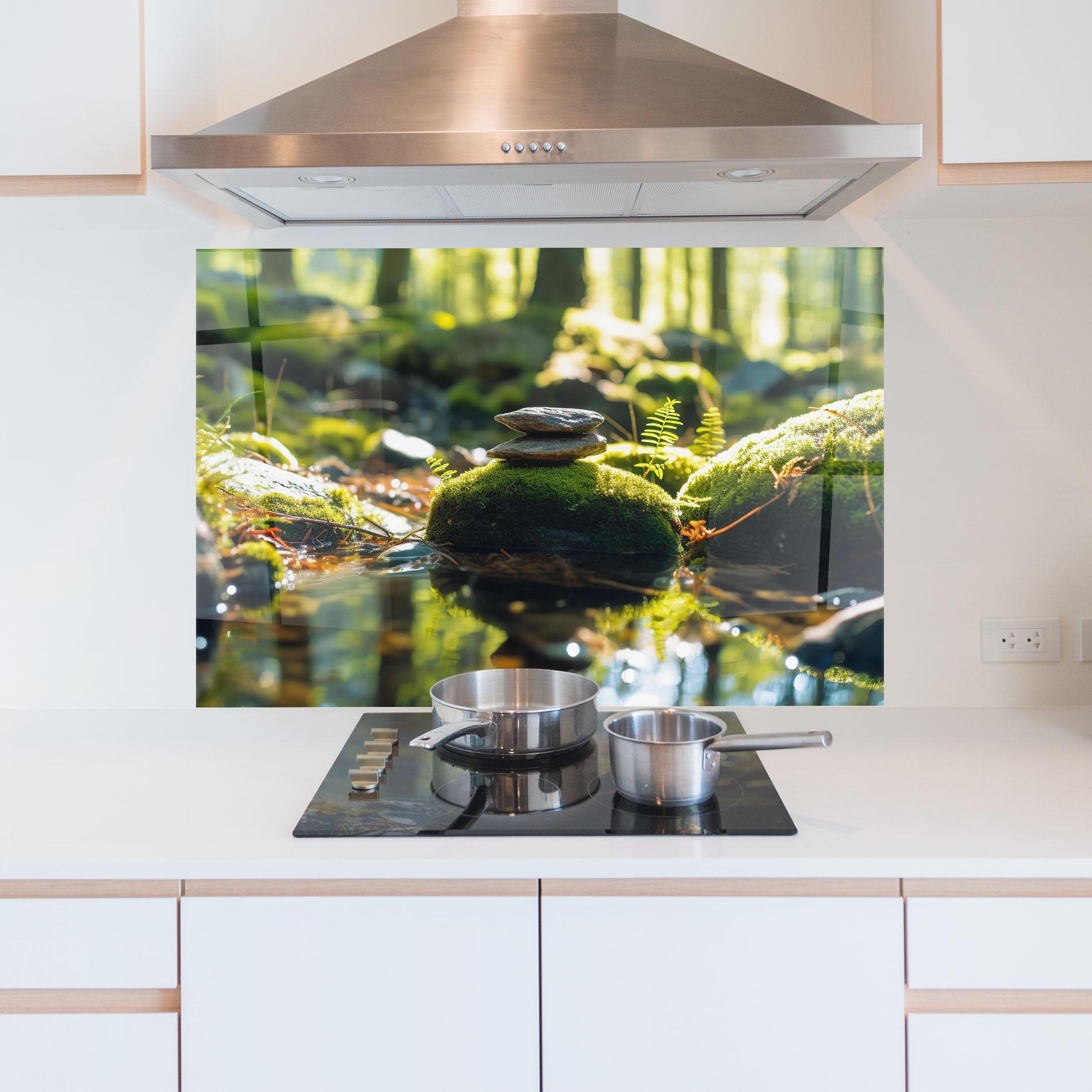 Konyhai üveg hátfal Sunlight Green Forest mockup 5