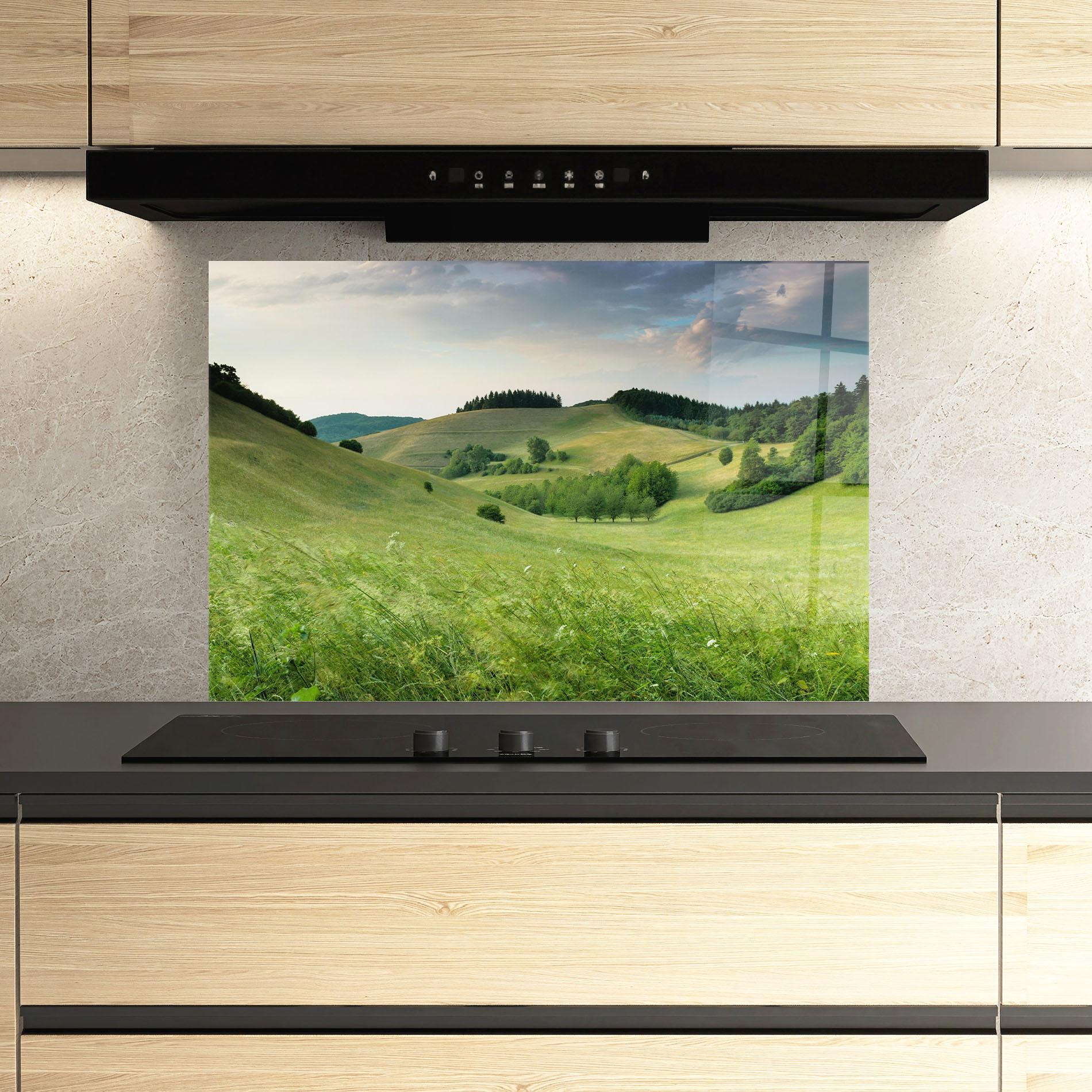 Konyhai üveg hátfal Green Field View mockup 3