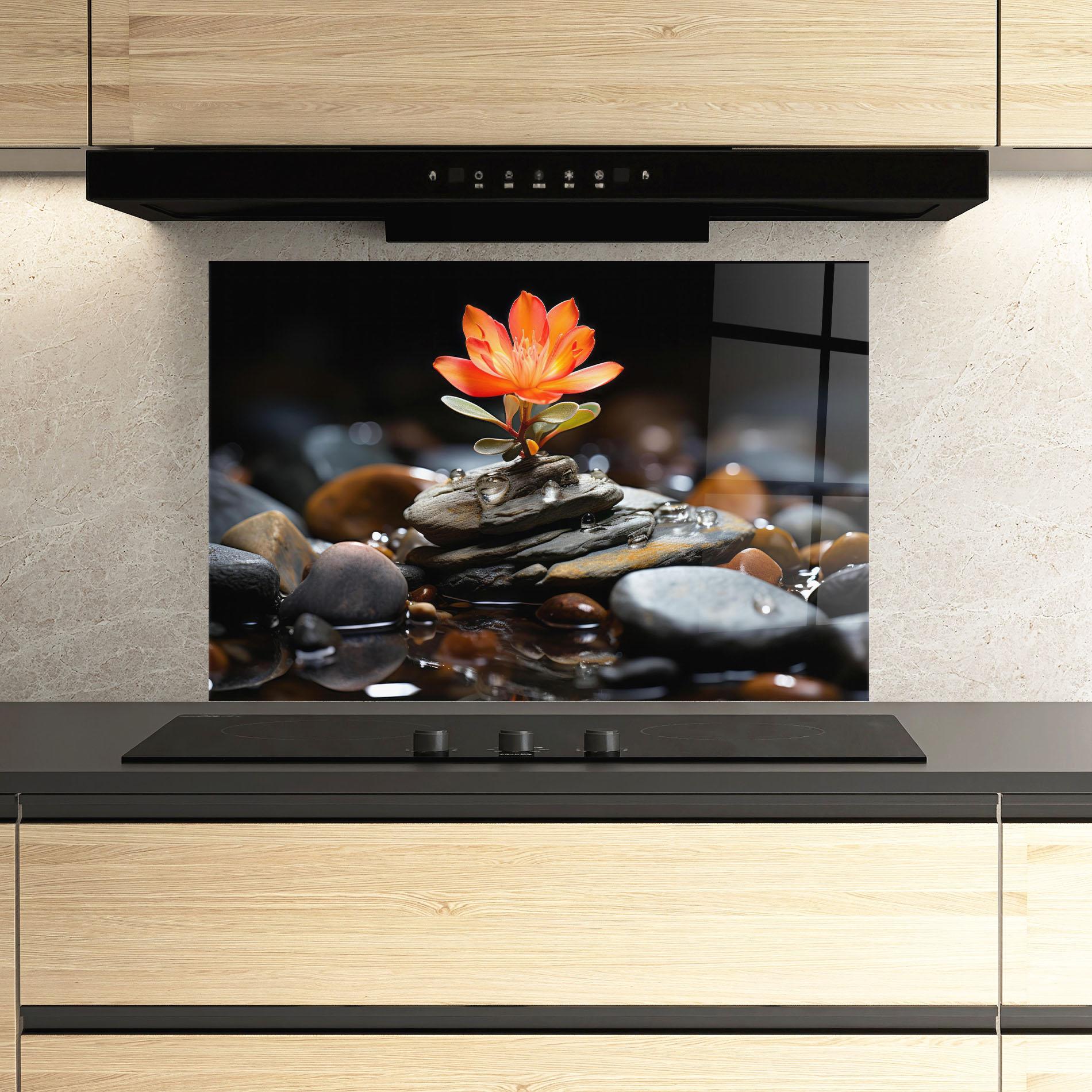 Konyhai üveg hátfal Orange Flower Stone mockup 3