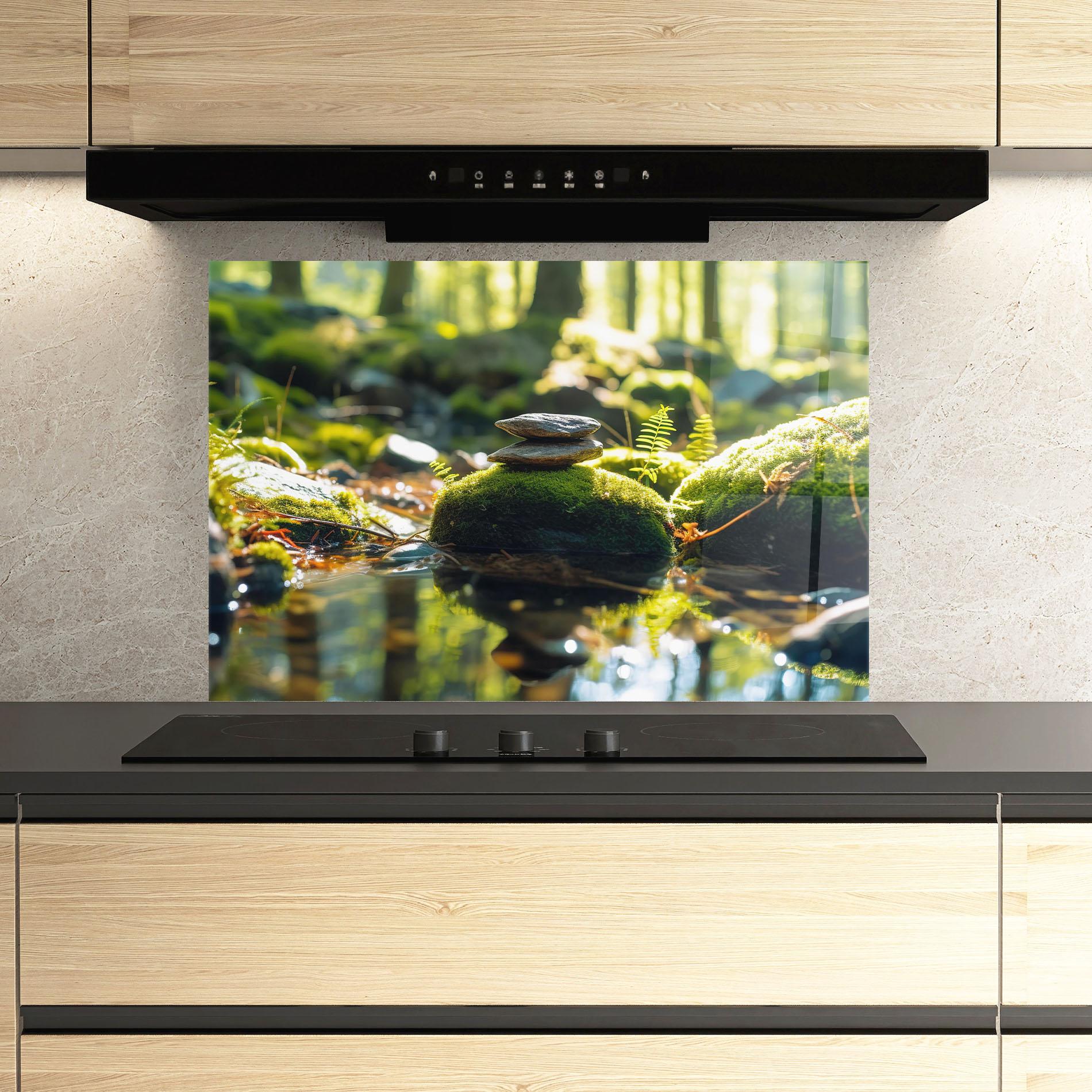 Konyhai üveg hátfal Sunlight Green Forest mockup 3