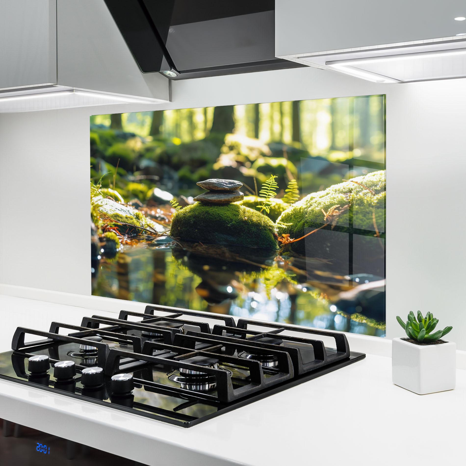 Konyhai üveg hátfal Sunlight Green Forest mockup 6