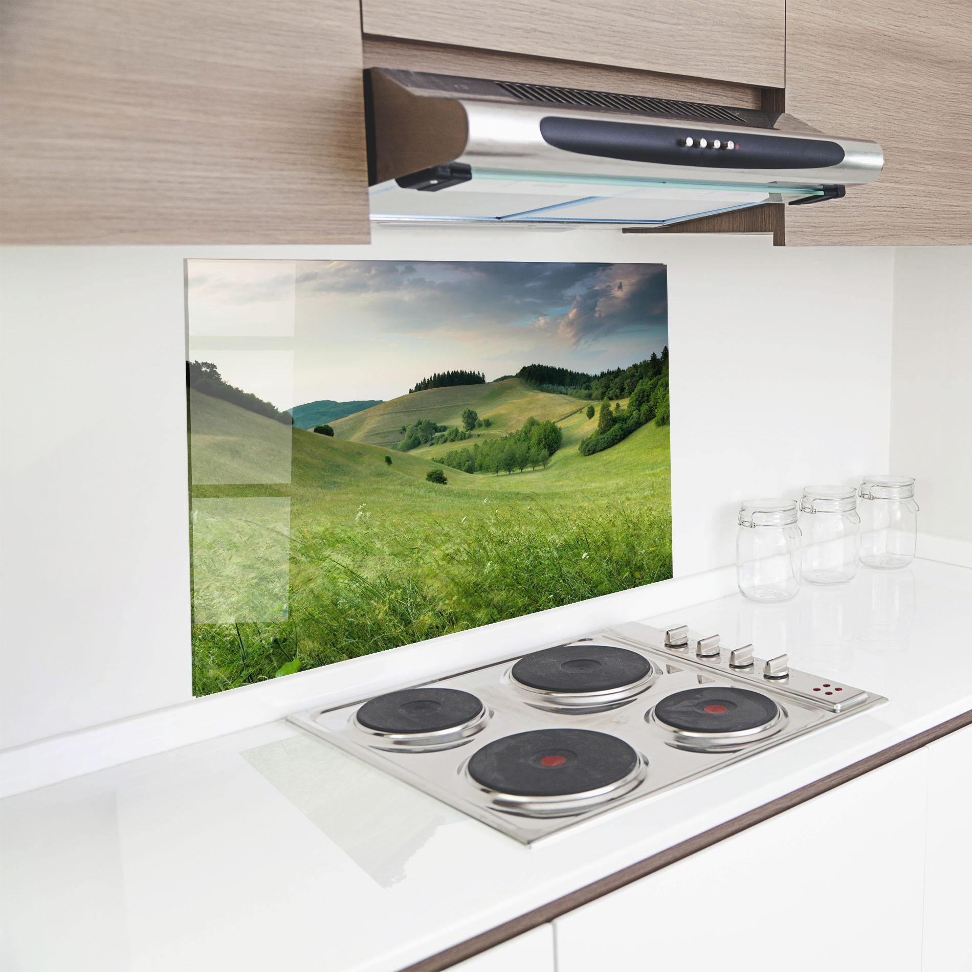 Konyhai üveg hátfal Green Field View mockup 8