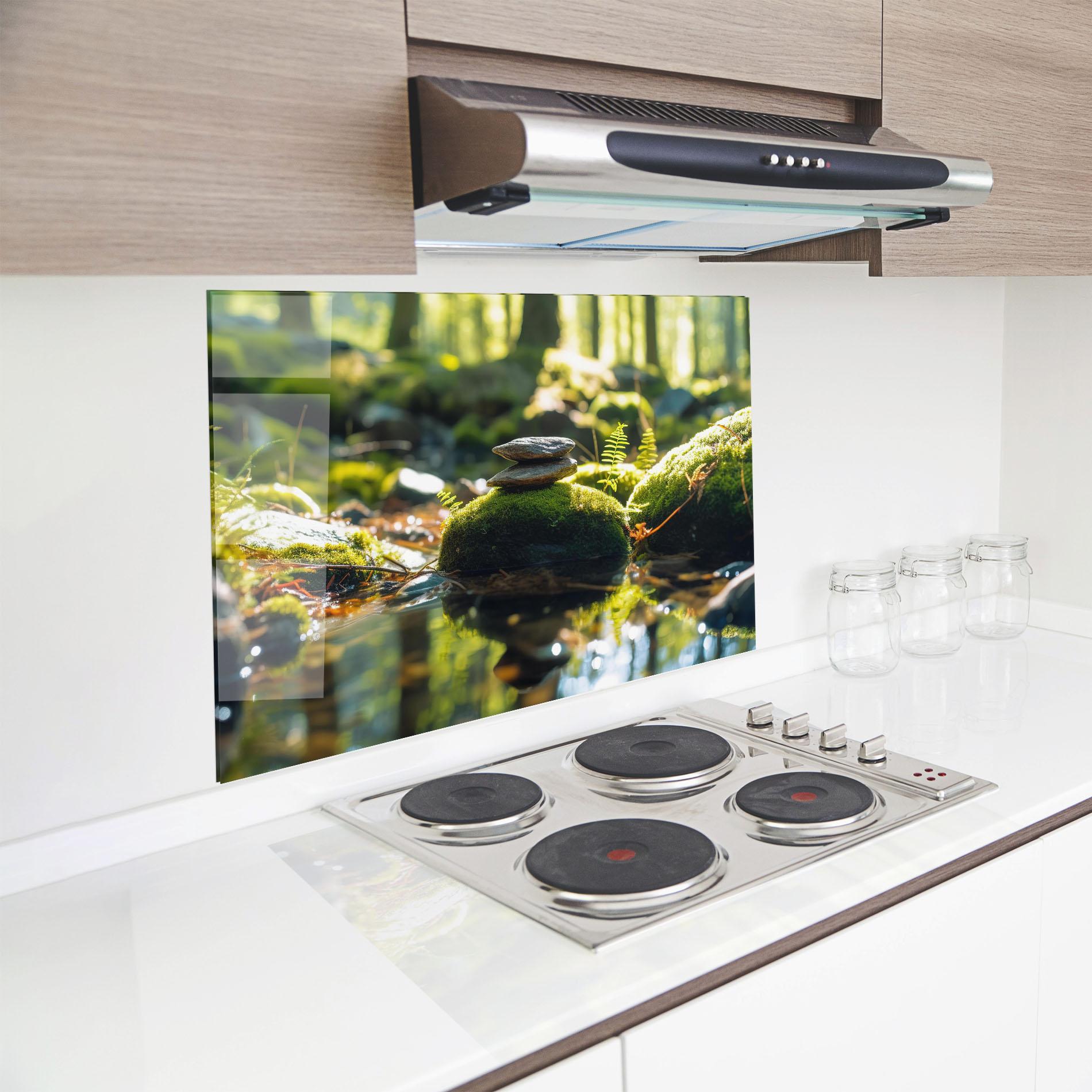 Konyhai üveg hátfal Sunlight Green Forest mockup 8