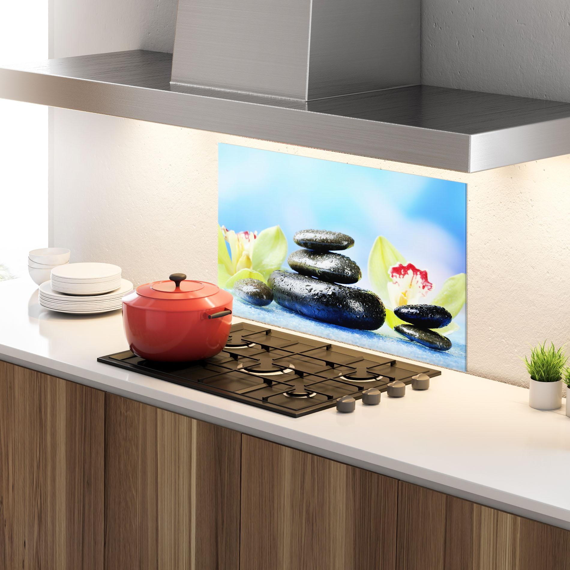 Konyhai üveg hátfal Blooming Orchid Stone mockup 4