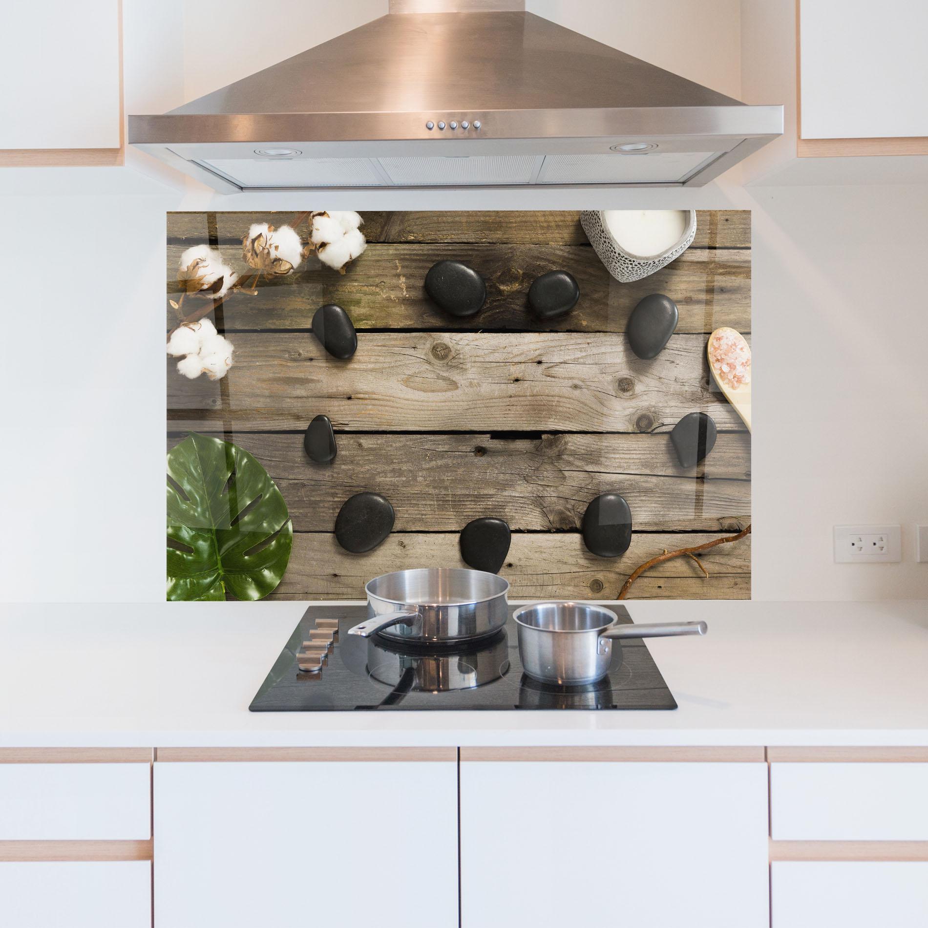 Konyhai üveg hátfal Cotton Flowers Stones mockup 5