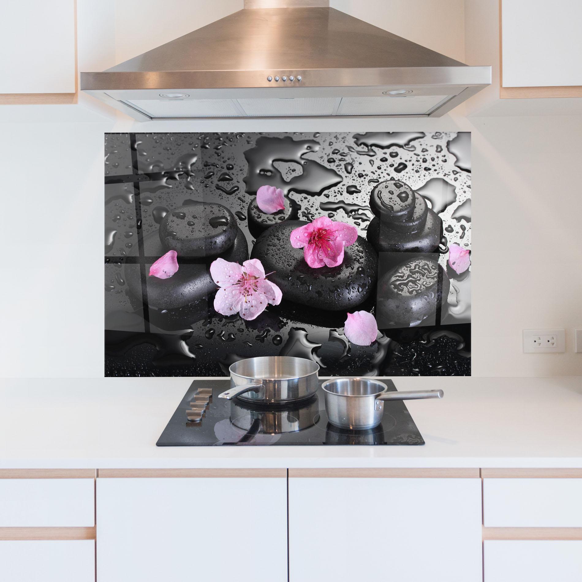 Konyhai üveg hátfal Pink Sakura Stones mockup 5